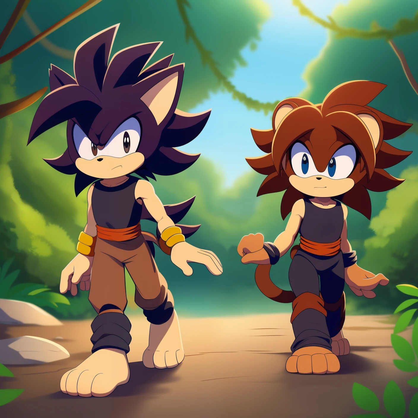 Female, Mobian, with a reddish brown hair, a brown animal pelt, and a lashing Saiyan monkey tail, a monkey tail, hair tied, brown animal skin pelt, hair tied, long wild spiky hair, hair over shoulders, mane of hair down back, (masterpiece, best quality, detailed face, detailed eyes), black eyes, 1girl, Mobian Saiyaness, 1girl, Saiyan monkey tail, black hair, long wild spiky hair, Shoulder less Gi, tan sash belt, black short tights, black wrist bands, small tufts of fur on top of feet, barefoot, Mobian, a cartoon character with black hair, lashing Saiyan monkey tail, Mobian Saiyan with a monkey tail, hair tied, long wild spiky hair, hair over shoulders, mane of hair down back, not amused expression, (walking in a jungle like paradise)
