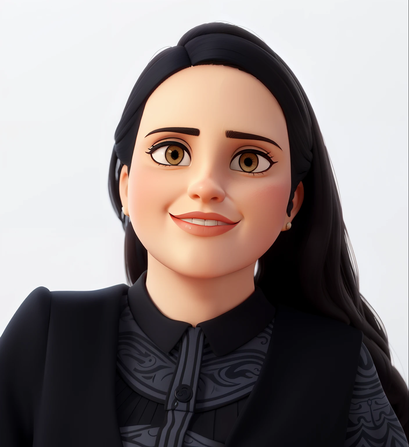 Uma mulher advogada, jovem, Serious, Chic and wise, com cabelo curto e liso marrom escuro, olhos na cor castanho, Slightly slanted eyes and medium mouth, with black dress pants, blusa branca e brazer preto, salto alto vermelho, In a fancy law firm.