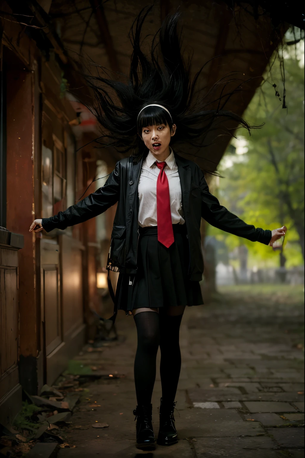 (Best quality, 8k, 32k, Masterpiece, UHD:1.2) "Generate a chilling atmosphere. Utilize dynamic lighting to intensify the horror, casting eerie shadows and highlights that enhance the macabre details of the scene. Emphasize the grotesque and nightmarish elements to capture the terrifying essence of Junji Ito's horror aesthetic." austere, scary