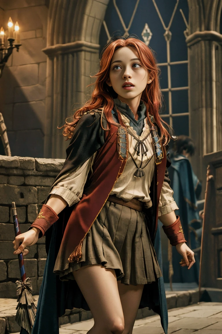 (far wide shot:1.5), 1girl, (solo:1.5), a beautiful picture of Gimmy Weasley, ginwea1, wearing a uniform, masterpiece, photorealistic, detailed, 4k, HDR, backlighting, light, RAW color photo, soft skin, red hair, detailed face, blue eyes, striped scarf, short pleated skirt, black robe, medieval, (gryffindor:1.4), (ahegao:1.5), (ahg1:.5), (rolling eyes :1.5),