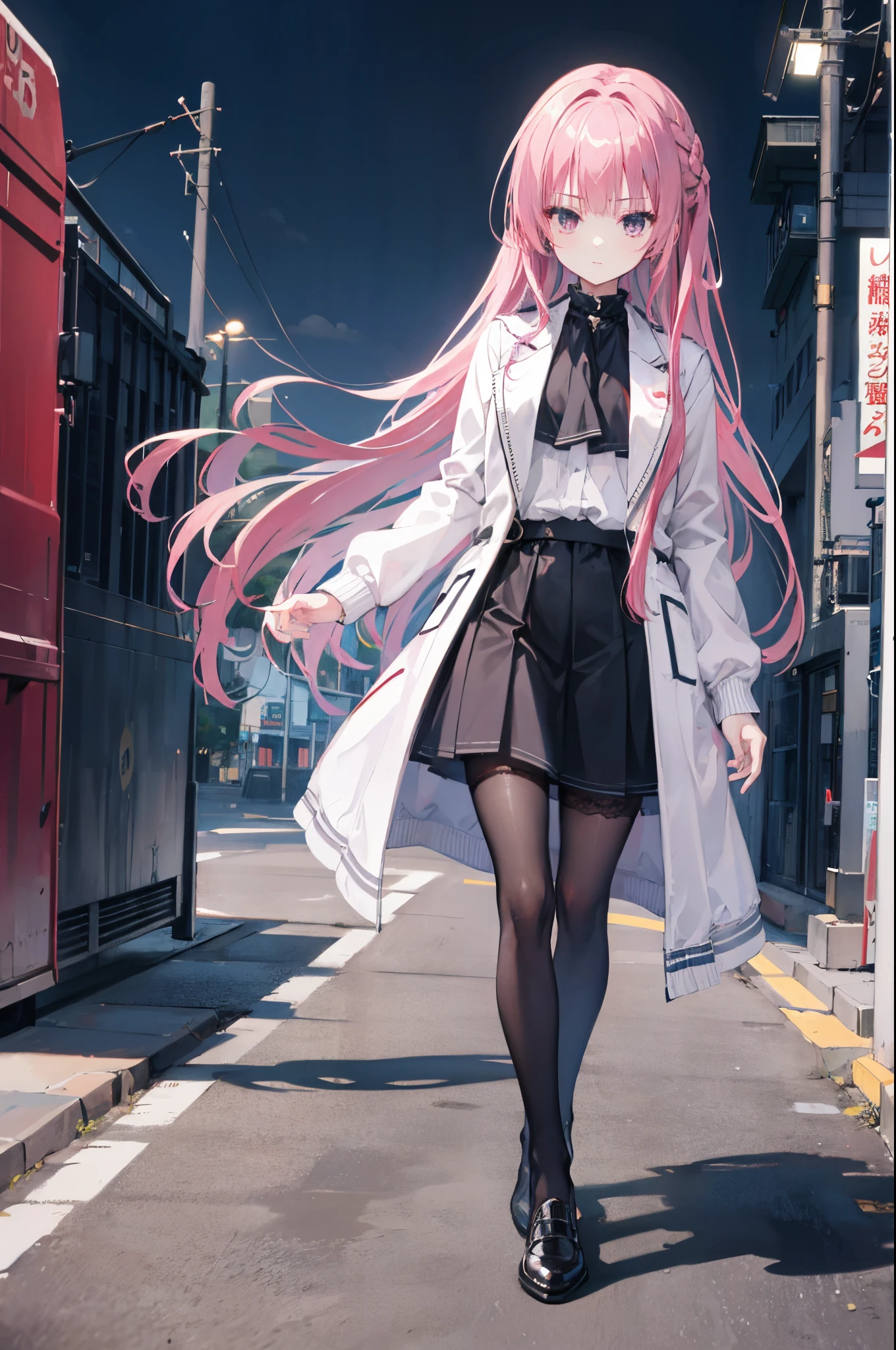 mitsukasa ayas，White jacket，The shirt，black short skirt，blackstockings，gentleness，urban backdrop，the night，long whitr hair