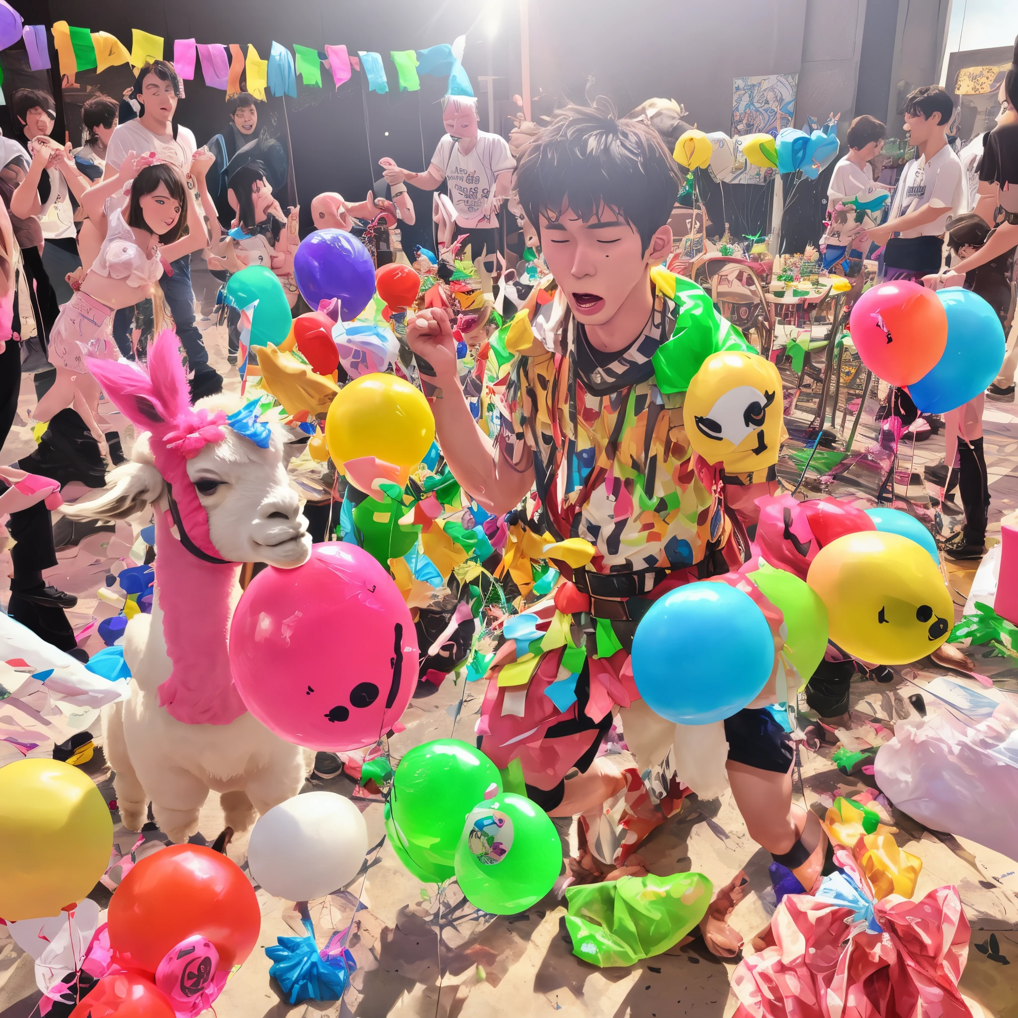 Living alpaca as a piñata covered with ?????, filled of drugs, under the influence of drugs, while kids beaten him up at a birthday party