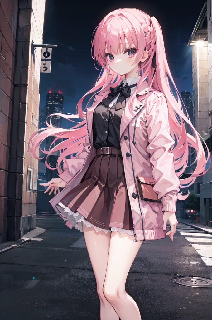 mitsukasa ayas,jaket,The shirt,black short skirt,stocklings,gentleness,urban backdrop,the night,long whitr hair