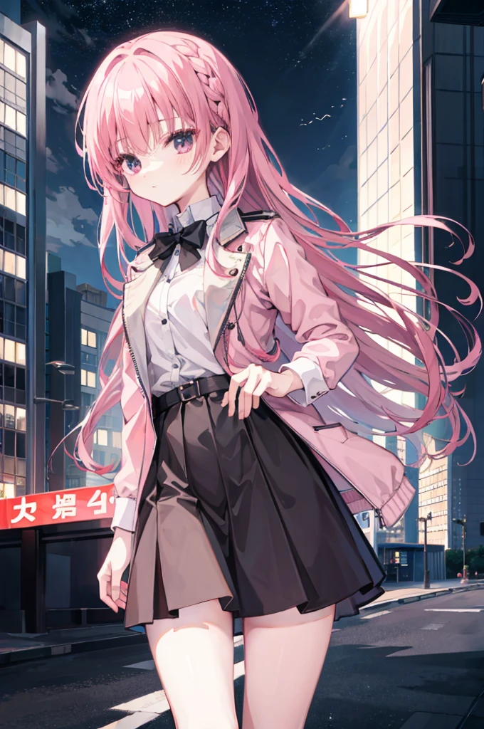 mitsukasa ayas，jaket，The shirt，black short skirt，stocklings，gentleness，urban backdrop，the night，long whitr hair