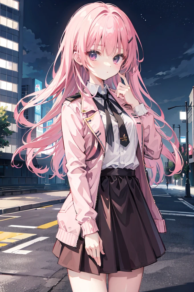 mitsukasa ayas,jaket,The shirt,black short skirt,stocklings,gentleness,urban backdrop,the night,long whitr hair
