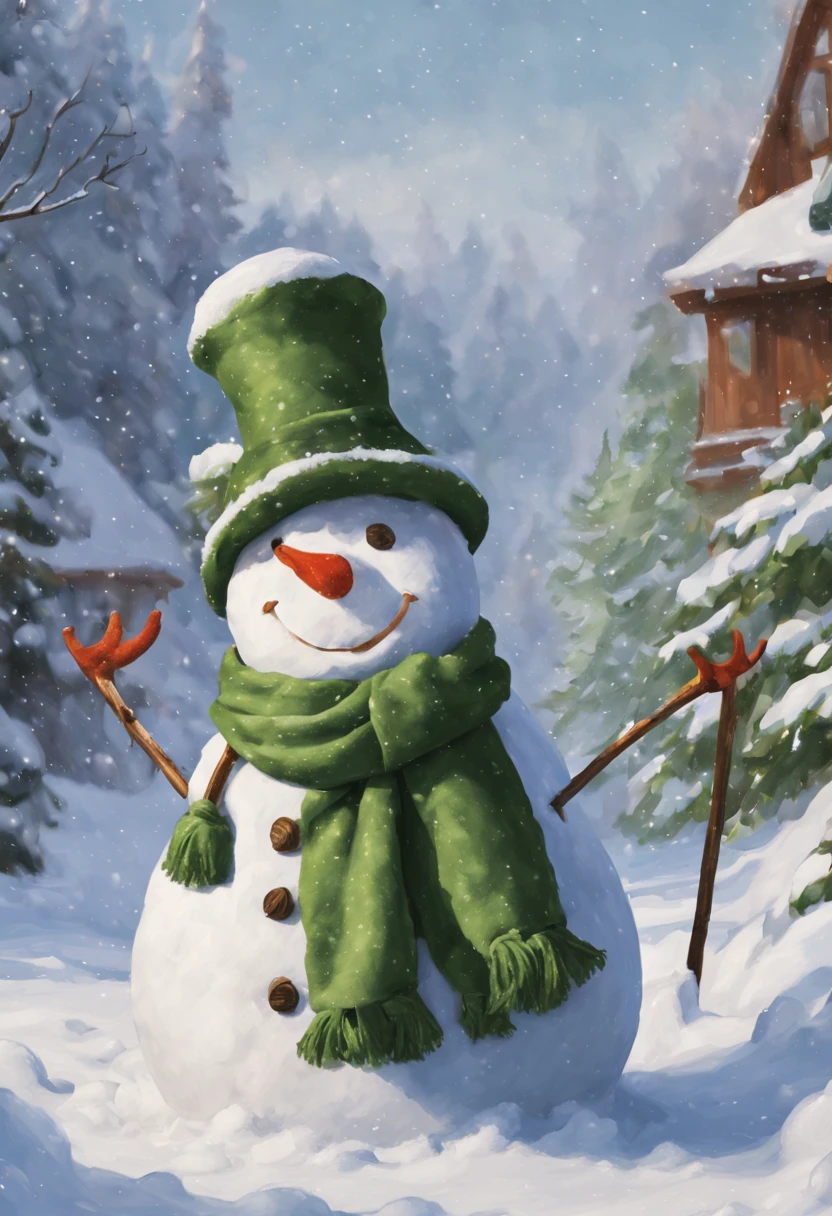 big man made of snow,body made of snow,round head,Snowman face,thick arms,thick legs,Gentle,barechested,Bare legged,Green hat,Green muffler,snowy background,​masterpiece,Fantasia,Walking in the snow,Fancy,(A landscape that looks like a picture book)