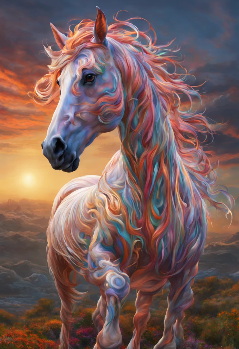 a peculiar horse named Sirocco. Unlike any other steed in the realm, Sirocco boasted a mane that was a living tapestry of colors and patterns. Each swirl and curl danced with the shades of dawn, and every strand sung with the vibrancy of a thousand sunsets. His appearance was so ethereal , HDRI, MATTE PAINTING, AWARD WINNING MASTERPIECE.