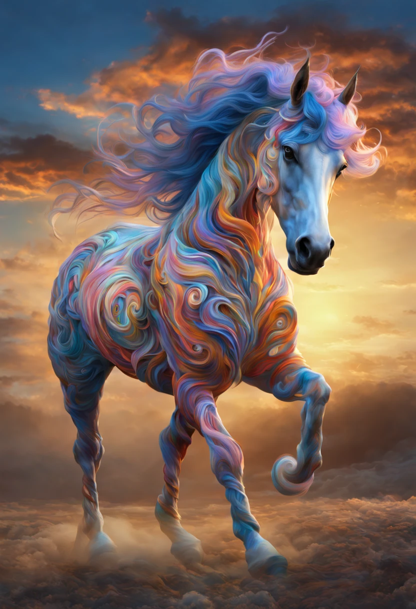 a peculiar horse named Sirocco. Unlike any other steed in the realm, Sirocco boasted a mane that was a living tapestry of colors and patterns. Each swirl and curl danced with the shades of dawn, and every strand sung with the vibrancy of a thousand sunsets. His appearance was so ethereal , HDRI, MATTE PAINTING, AWARD WINNING MASTERPIECE.