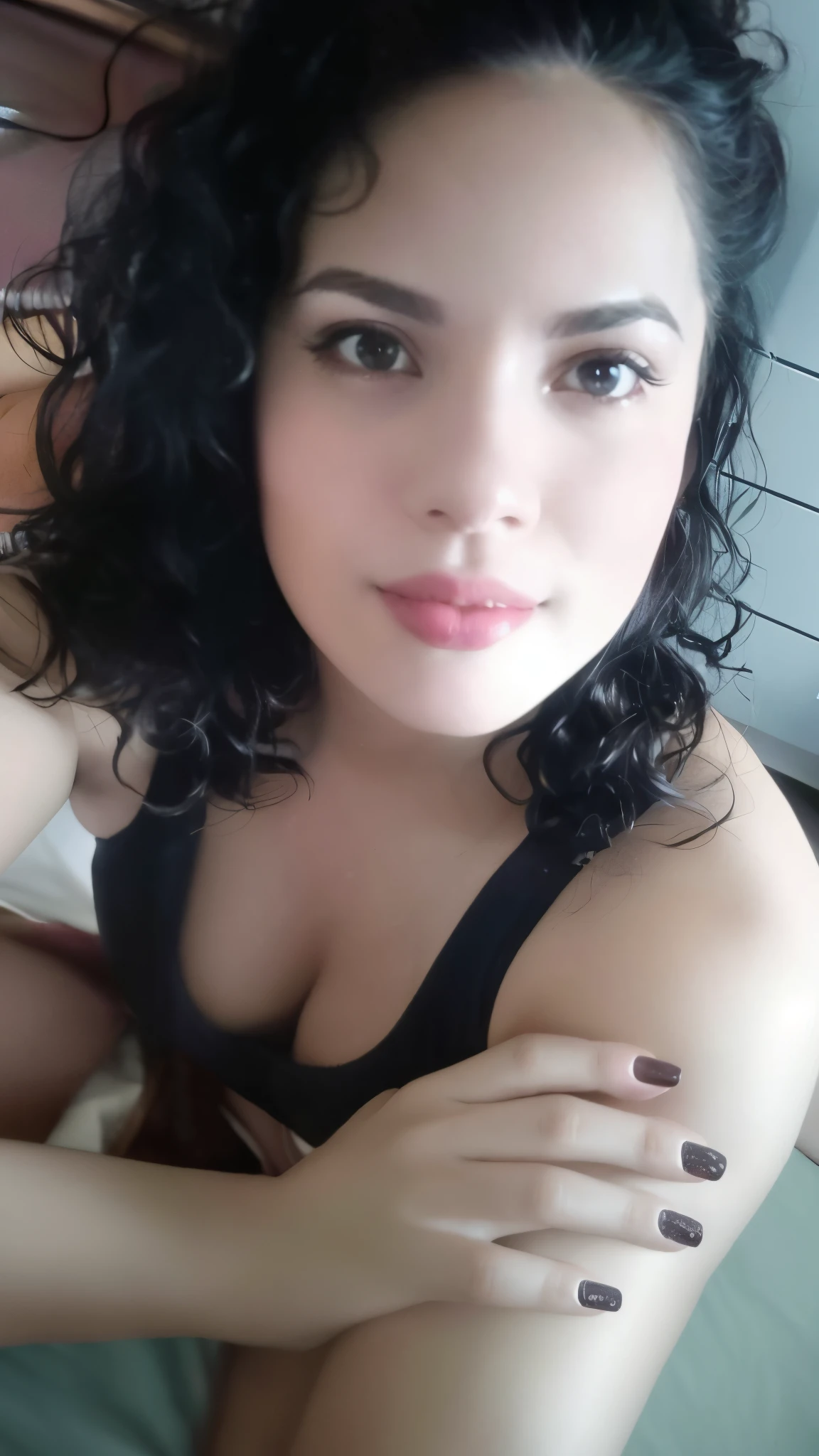 a close up of a woman with a white top and a cell phone, thick lips, low quality video, webcam footage, 4 8 0 p, 480p, tongue out, violet myers, big juicy lips, huge juicy lips, tiktok video, highly realistic. live cam, licking out, sie boob, low quality footage, thicc, Big tits, huge tits, no clothes, sexy, cute, minimal clothes, thick, bbw, chubby stomach, thick nipples, nipple piercings, large areola, hard nipples, piercing through shirt, nipples hard through shirt, busty, major cleavage, naked, ripping through top, spilling over sides, bra too tight, giant tits, extra wide hips, upper body zoom in, showing off huge , fat stomach, see through top, fat bbw, large areola showing, major cleavage, latina, down to , sexy, upper body zoom, top half only,  cleavage spilling over side of shirt, naked, no clothes