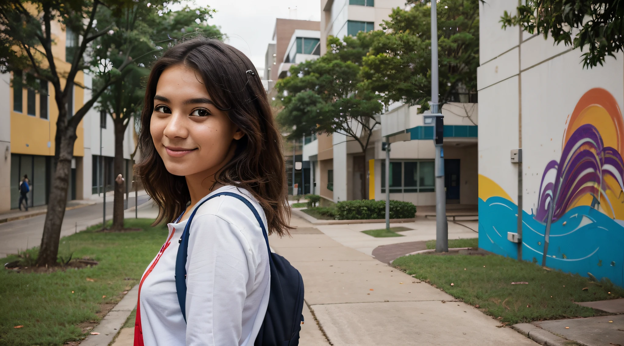 20-year-old Brazilian student ambles through the bustling university campus. Dressed in lively attire, her carefree hair dances with the breeze. The details on her face showcase a mix of curiosity and focus. In the backdrop, murals of abstract and futuristic urban art contribute to the modern and inspiring ambiance. Engaged in conversations, she exudes a vibrant presence, navigating an academic environment that seamlessly fuses art, innovation, and learning.
