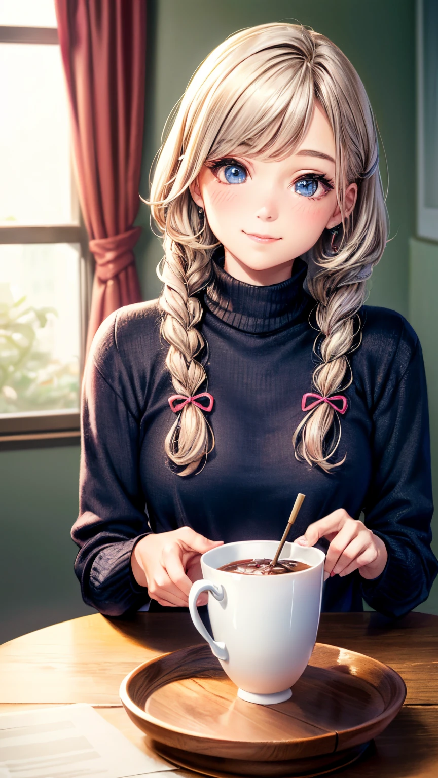 Kawaii Tech,pastel color, kawaii, Cute colors ,crass room, Pink, scholar , sscroll, 1girl in,light brown hair, Turtleneck sweater, argyle sweater, Ribbon Hair Tie, Braids,length hair, blue grey eyes ,Glowing eyes, Smile ,Closed mouth, ((Best Quality)), ((masutepiece)), (Highly detailed:1.3), (Photorealistic:1.4)