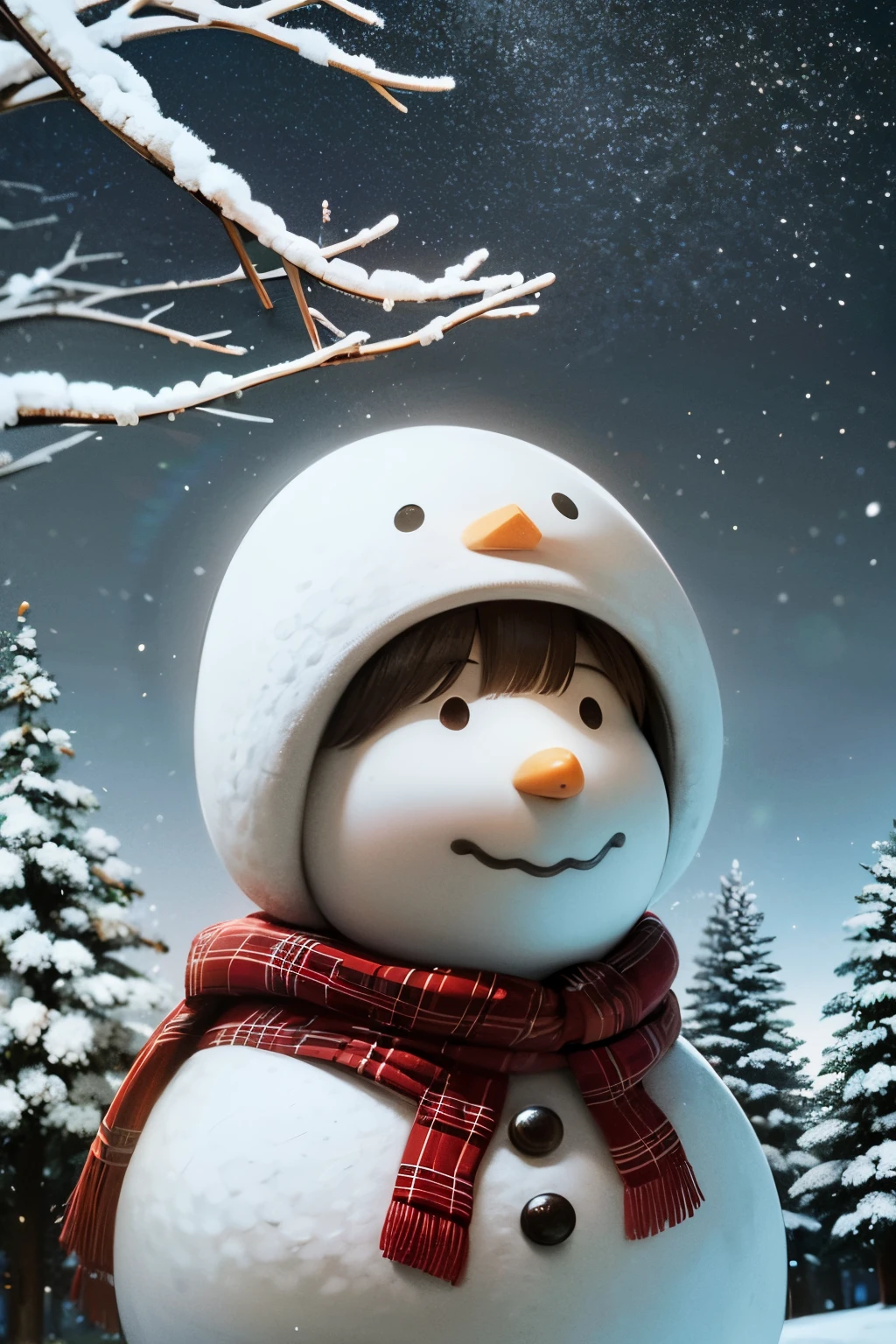 A snowman, winter wonderland, friendly snowman, joyful children playing in the snow, (best quality, highres:1.2), ultra-detailed, realistic snowy landscape, soft and fluffy snow texture, cool and serene colors, natural lighting.