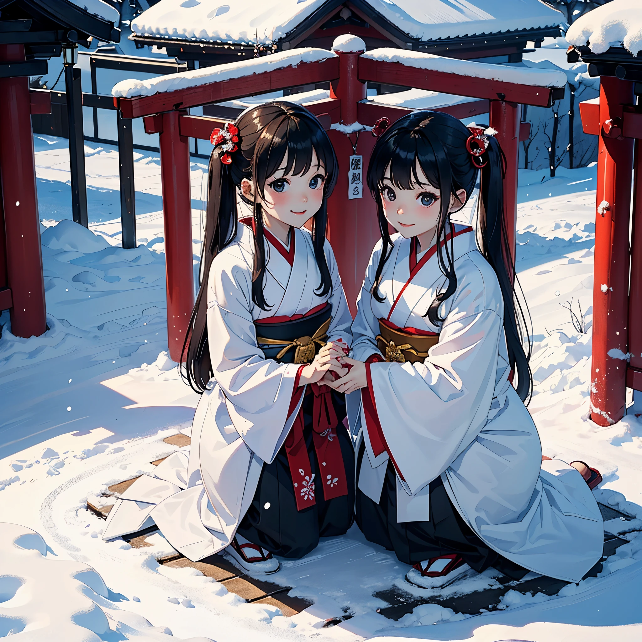 8K、Best Quality、masutepiece、(shrine maiden、japanes、Beautuful Women、25-years old、cute little:2、spotless)、Winters、snowscape、(ssmile、slightly red cheeks)