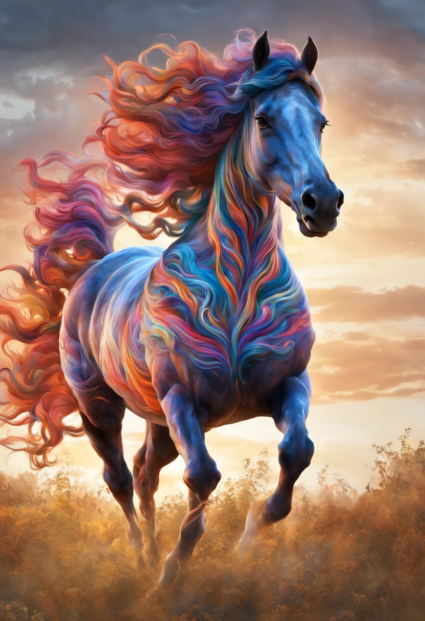 a peculiar horse named Sirocco. Unlike any other steed in the realm, Sirocco boasted a mane that was a living tapestry of colors and patterns. Each swirl and curl danced with the shades of dawn, and every strand sung with the vibrancy of a thousand sunsets. His appearance was so ethereal , HDRI, MATTE PAINTING, AWARD WINNING MASTERPIECE.