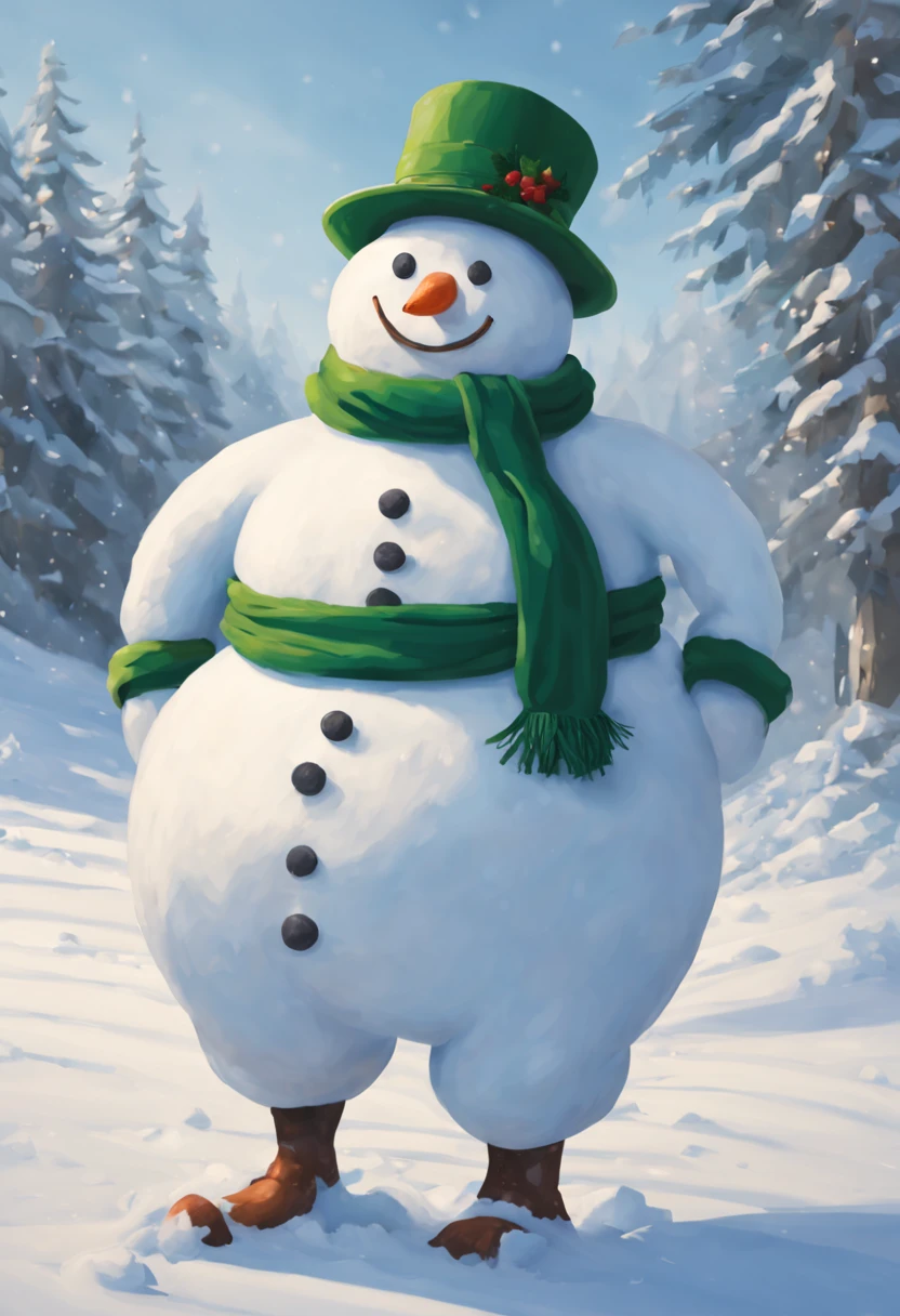 big man made of snow,body made of snow,round head,Snowman face,thick arms,thick legs,Gentle,barechested,Bare legged,Green hat,Green muffler,snowy background,​masterpiece,Fantasia,Walking in the snow,Fancy,(A landscape that looks like a picture book)