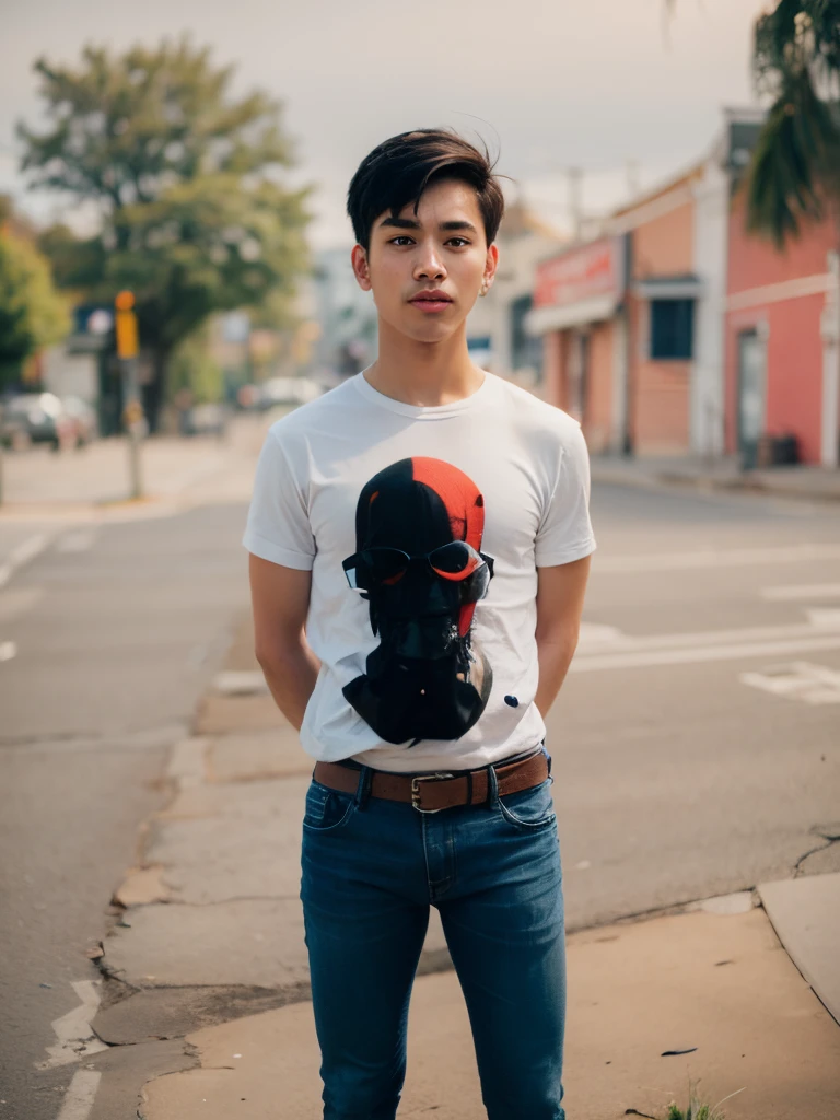 Boy wearing a white shirt and blue jeans