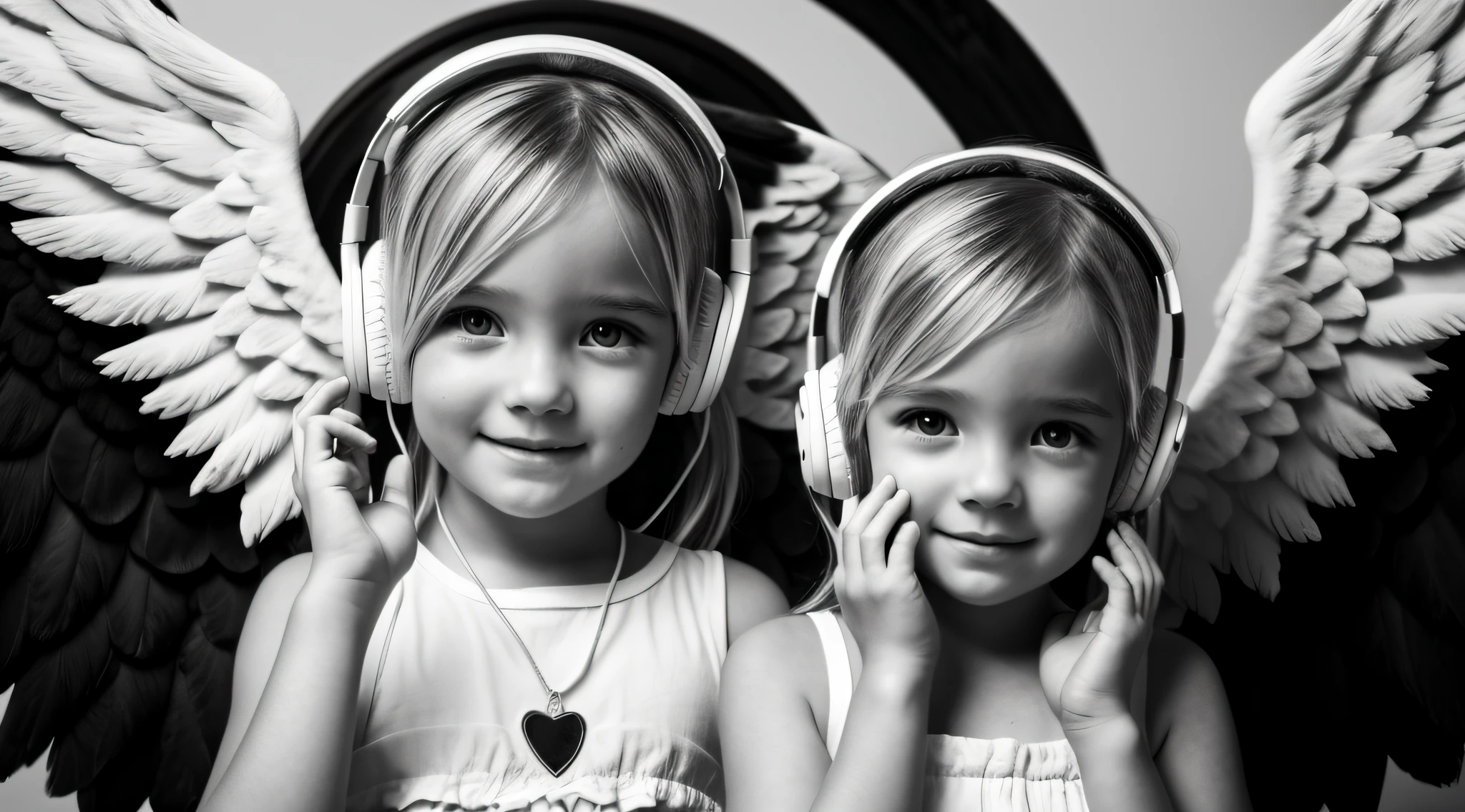 uma foto em black and white de uma CHILD blonde FIREHEAD with headphones, ANGEL'S WINGS, with hands on face.