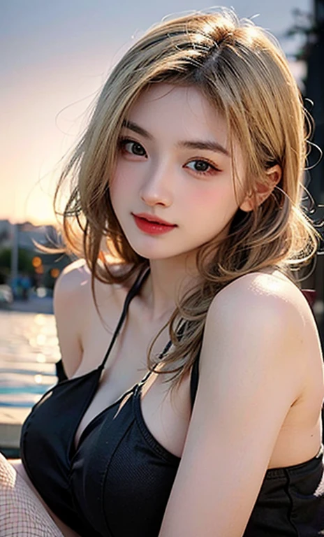 (RAW photo: 1.2), top quality, beautiful detailed girl, bunny girl, from below, blonde, smile, highly detailed eyes and face, beautiful detailed eyes, huge file size, high resolution, 8k wallpaper, fine detail, highly detailed ticker uniform 8k wallpaper, light on face, movie lighting, 16 year old girl, sexy pose, (photorealism: 1.4), illustration, Super detail, masterpiece, Playboy bunny, fishnet pantyhose,