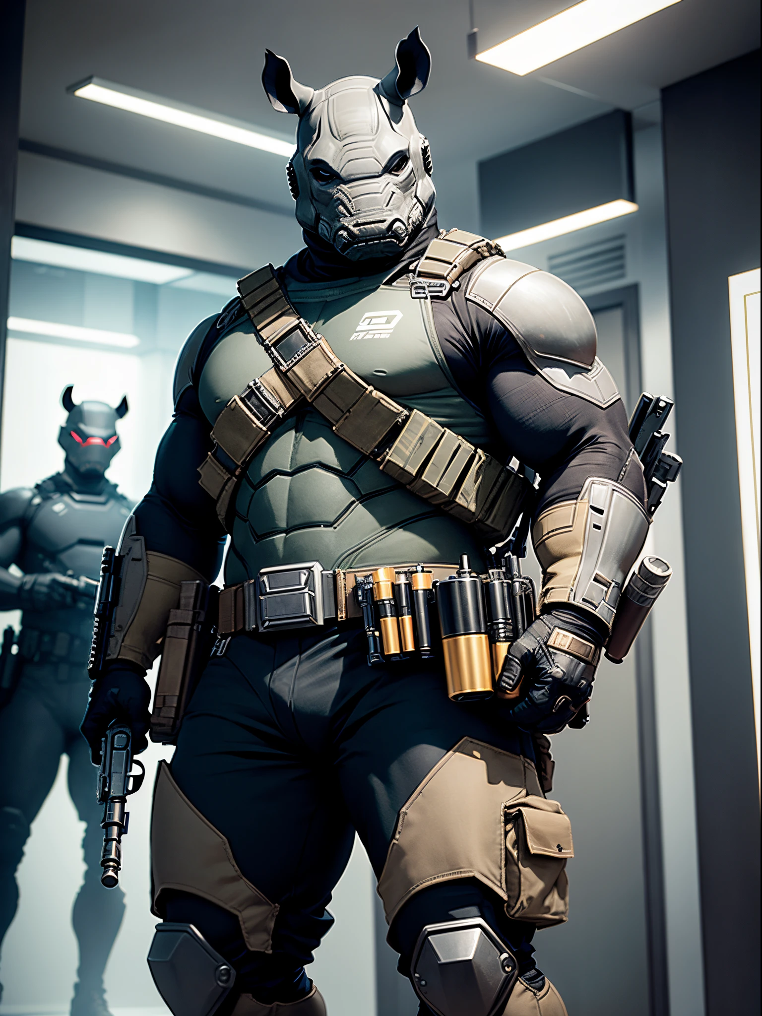 Solo, single, humanoid, rhino, rhino's head, armored suit, ammunition belt, holding a machine gun, holding a gun with two hands, standing, smug, combat boots, bank lobby backdrop, bank robber, mutant