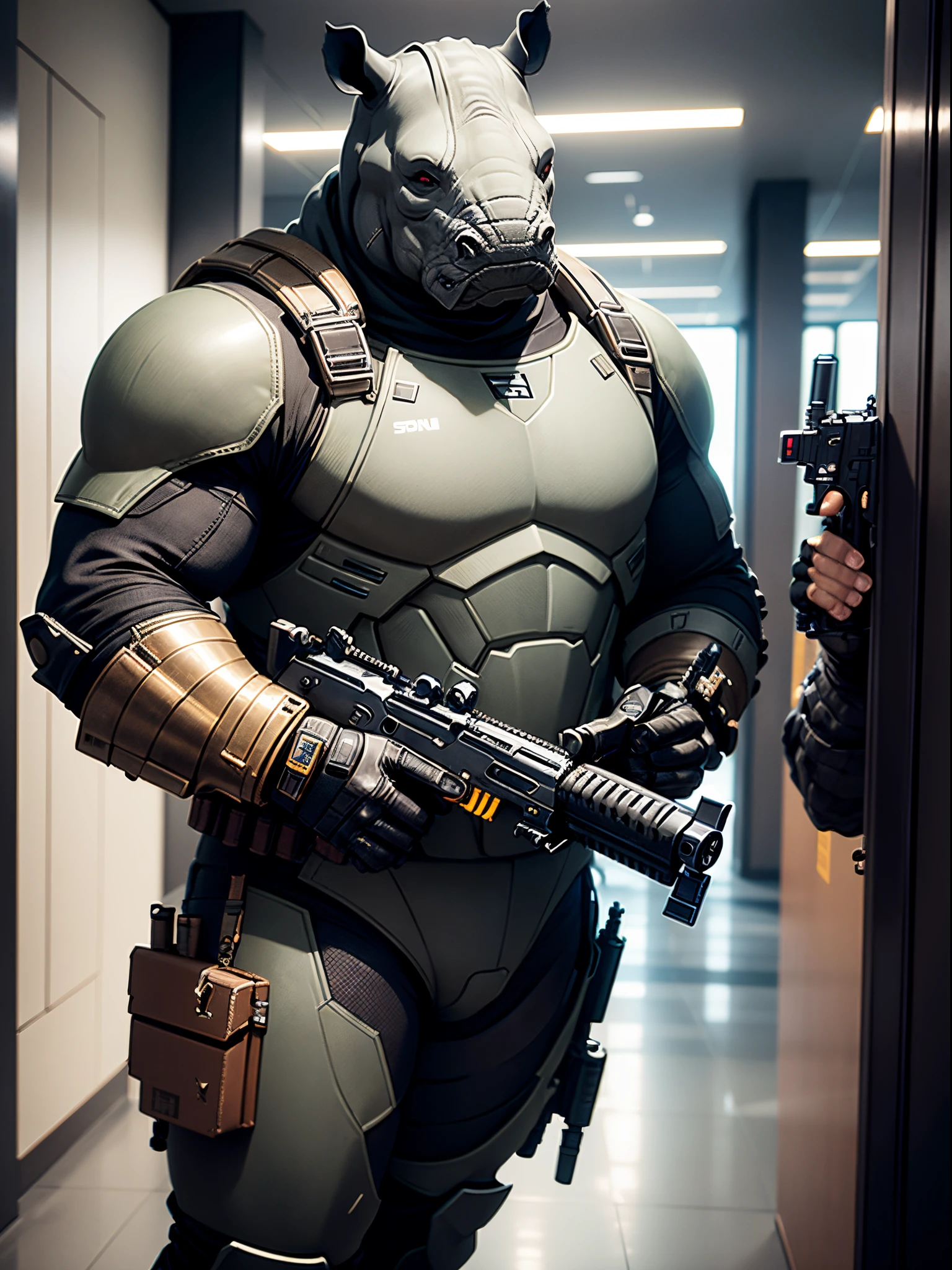 Solo, single, humanoid, rhino, rhino's head, armored suit, ammunition belt, holding a machine gun, holding a gun with two hands, standing, smug, combat boots, bank lobby backdrop, bank robber, mutant