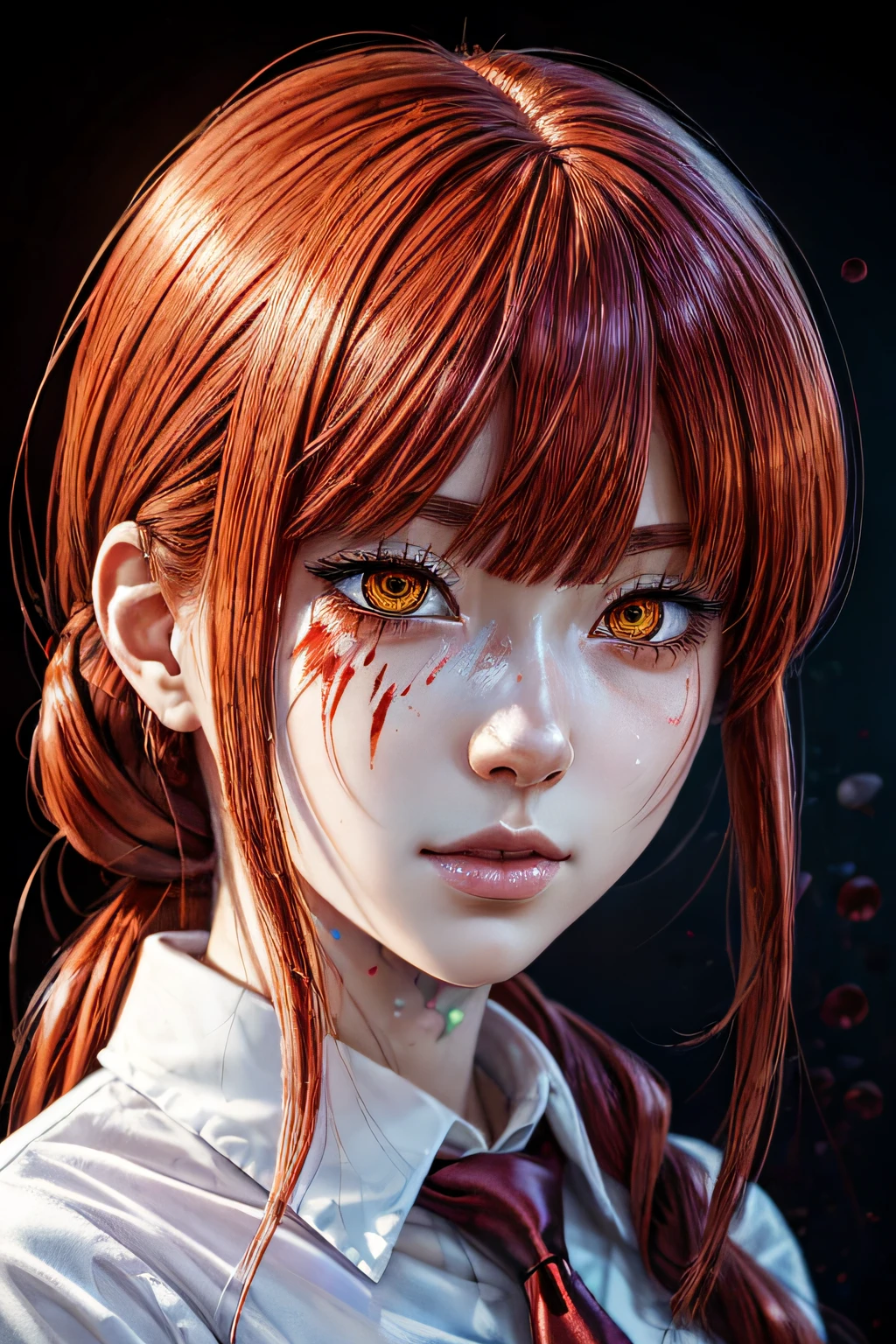 masterpiece, best quality, (extremely detailed CG unity 8k wallpaper, masterpiece, best quality, ultra-detailed, best shadow), (detailed background), (beautiful detailed face, beautiful detailed eyes), High contrast, (best illumination, an extremely delicate and beautiful),1girl,((colourful paint splashes on transparent background, dulux,)), ((caustic)), dynamic angle,beautiful detailed glow,full body, blood splash on face. close up of a woman, anime girl with red hair and a white shirt and tie, a character portrait by Yang J, pixiv, shin hanga, portrait of an anime girl, female anime character, portrait anime girl, portrait of asuka langley soryu, beautiful anime portrait, detailed portrait of anime girl, anime character, realistic anime artstyle, anime girl portrait, anime character portrait, blood on face, sweat face,