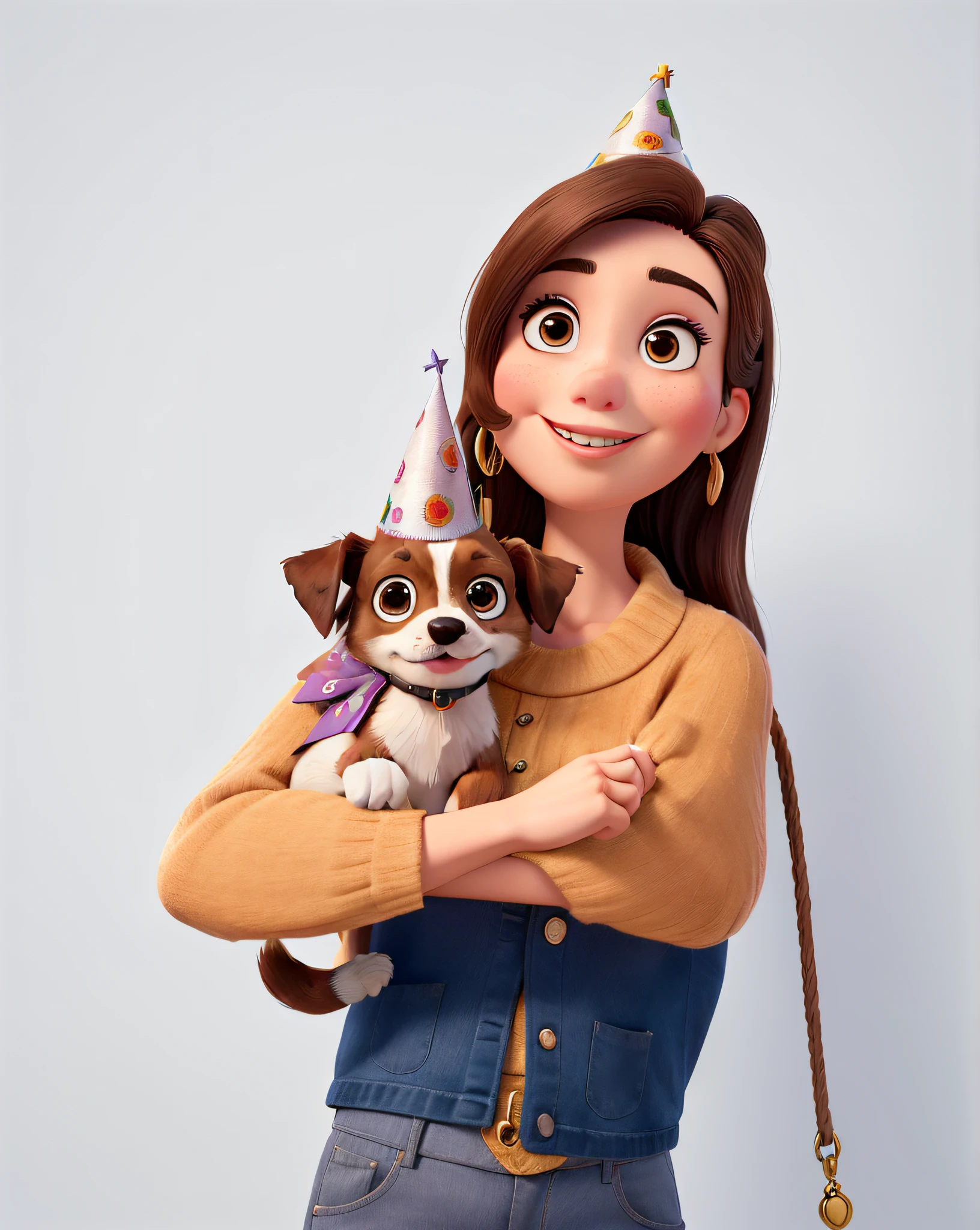 create an illustration of a young woman, com cabelo curto, she is beautiful, muito estilosa, e esta segurando uma filhote de chihuahua, the puppy is very cute, is wearing a birthday party hat, The puppy the woman is holding is white and has brown ears, imagem de perfil, qualidade de imagem, desenho estilo pixar, estilo cartoon, muito fofo, lindas, the woman is a fashion model, muito bonita, magra e jovem