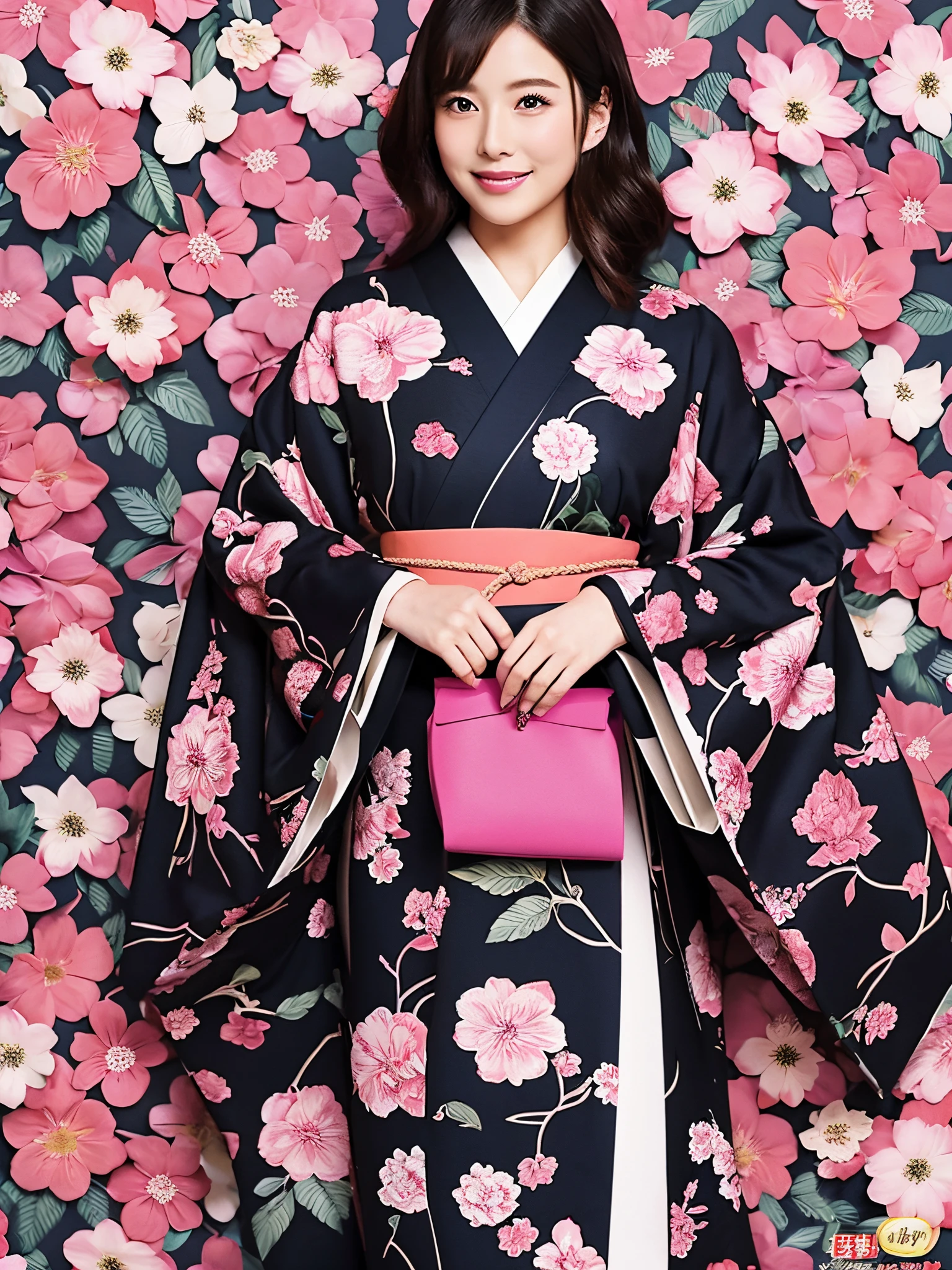 (Black and pink Japanese pattern background)、A woman wearing a modern kimono、brochure、hiquality