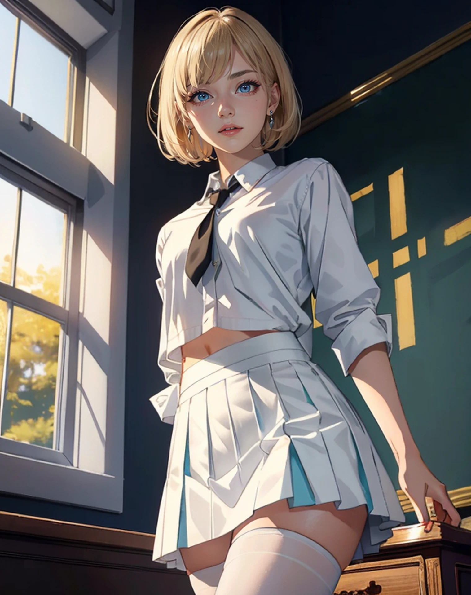 (Masterpiece, super detailed, highly detailed),best quality, official art, Highly detailed CG Illustration,(delicate and beautiful),ung woman,bangs, blond hair,short hair,bob cut hair,(cinematic lighting),white skin, shining skin,(school uniform,white shirt,mini skirt),cyan skirt,black pantyhose, classroom:1.4,( abs:1.2)