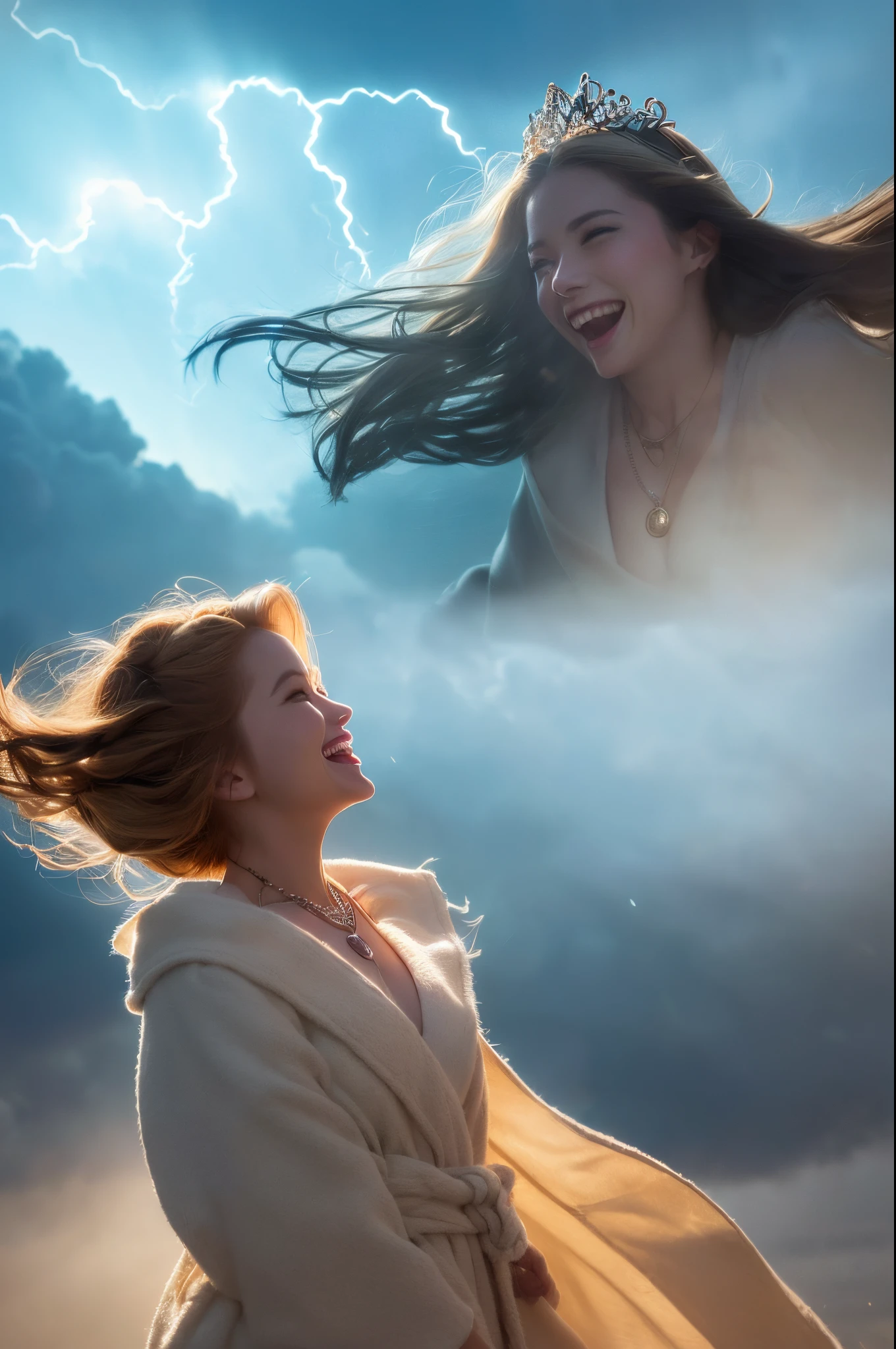 Young goddess, (Her clothes are all flipping up by extremely strong wind:1.4), (wearing robe, tiara, necklace, blonde hair, blue eyes), (background random great nature), (laughing, big smiling), ((dramatic lighting:1.3), surrealism, god rays), ((masterpiece, 8K highest resolution)), wide view