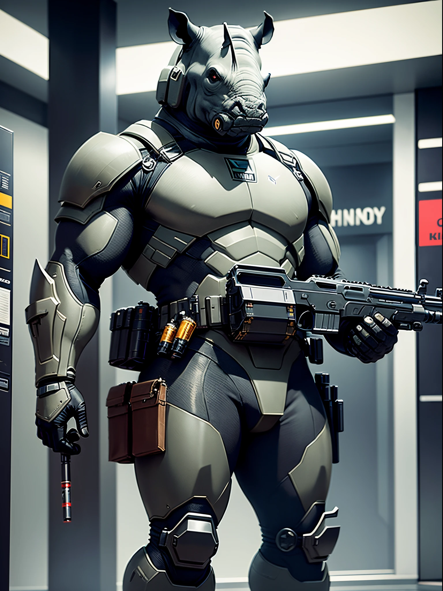 Solo, single, humanoid, rhino, rhino's head, armored suit, ammunition belt, holding a machine gun, holding a gun with two hands, standing, smug, combat boots, bank lobby backdrop, bank robber, mutant