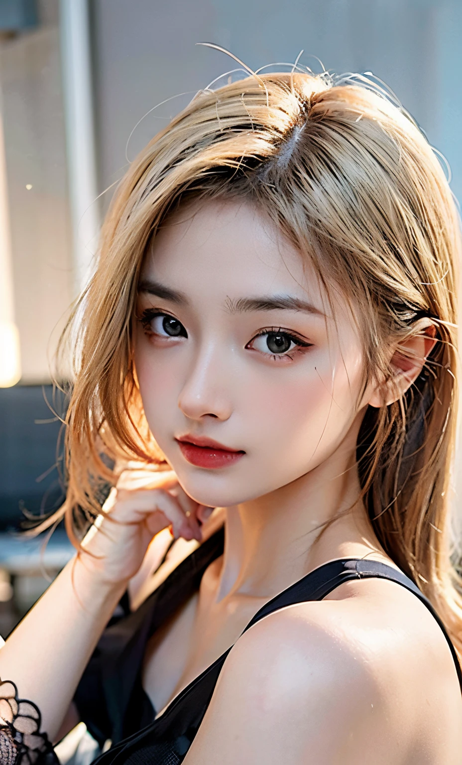 (RAW photo: 1.2), top quality, beautiful detailed girl, bunny girl, from below, blonde, smile, highly detailed eyes and face, beautiful detailed eyes, huge file size, high resolution, 8k wallpaper, fine detail, highly detailed ticker uniform 8k wallpaper, light on face, movie lighting, girl, sexy pose, (photorealism: 1.4), illustration, Super detail, masterpiece, Playboy bunny, fishnet pantyhose,
