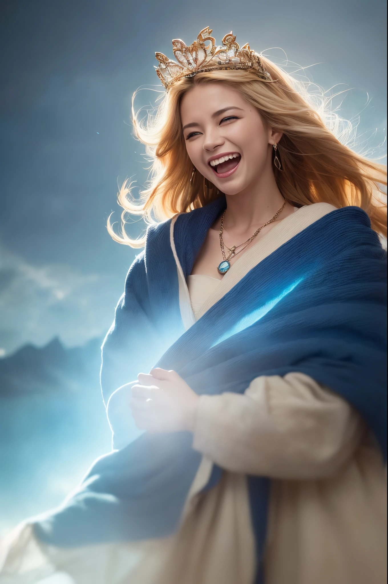 Young goddess, (Her clothes are all flipping up by extremely strong wind:1.4), (wearing robe, tiara, necklace, blonde hair, blue eyes), (background random great nature), (laughing, big smiling), ((dramatic lighting:1.3), surrealism, god rays), ((masterpiece, 8K highest resolution)), wide view