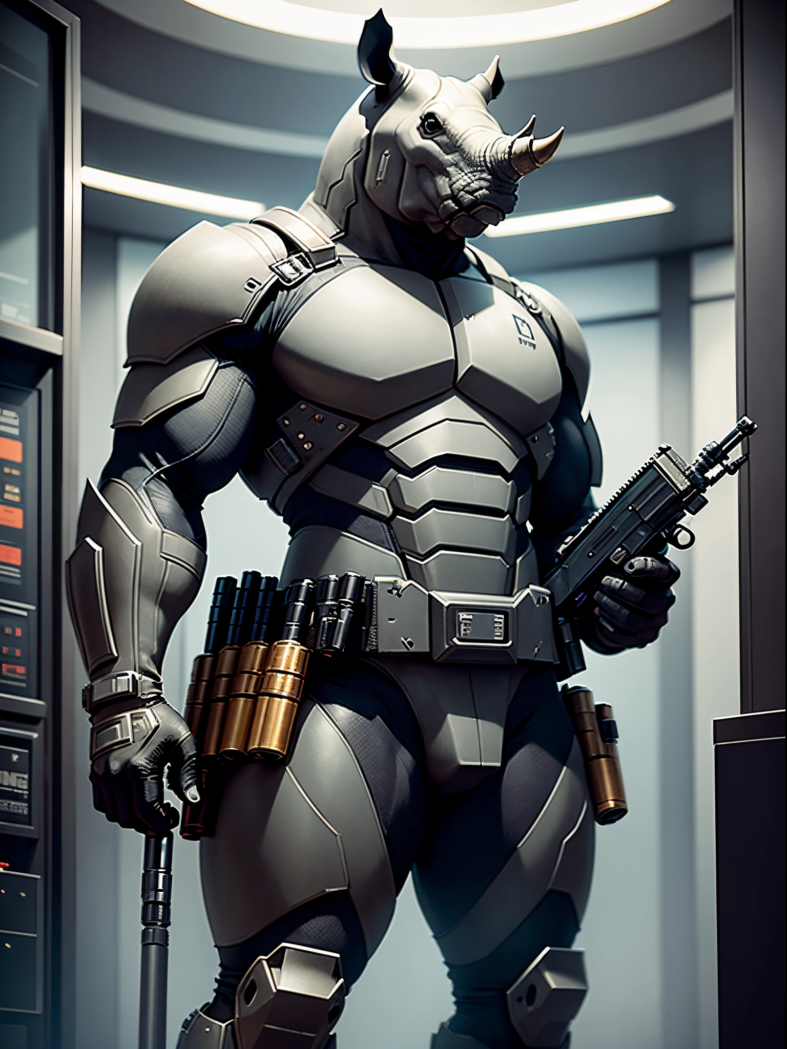 Solo, single, humanoid, rhino, rhino's head, armored suit, ammunition belt, holding a machine gun, holding a gun with two hands, standing, smug, combat boots, bank lobby backdrop, bank robber, mutant