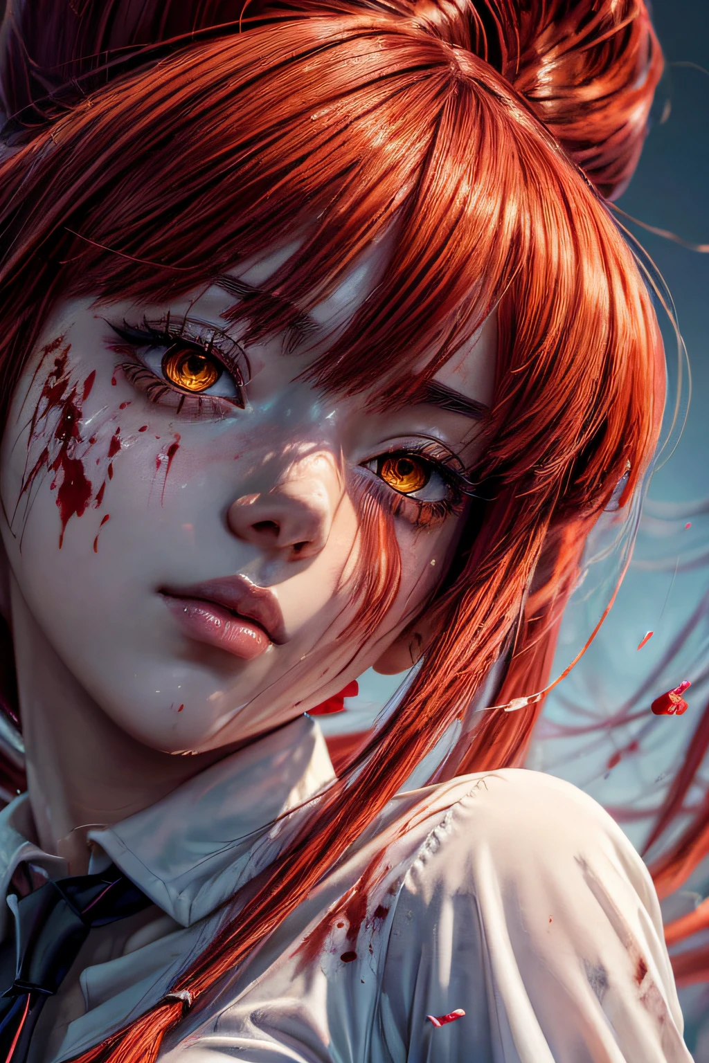 masterpiece, best quality, (extremely detailed CG unity 8k wallpaper, masterpiece, best quality, ultra-detailed, best shadow), (detailed background), (beautiful detailed face, beautiful detailed eyes), High contrast, (best illumination, an extremely delicate and beautiful),1girl,((colourful paint splashes on transparent background, dulux,)), ((caustic)), dynamic angle,beautiful detailed glow,full body, blood splash on face. close up of a woman, anime girl with red hair and a white shirt and tie, a character portrait by Yang J, pixiv, shin hanga, portrait of an anime girl, female anime character, portrait anime girl, portrait of asuka langley soryu, beautiful anime portrait, detailed portrait of anime girl, anime character, realistic anime artstyle, anime girl portrait, anime character portrait, blood on face, sweat face,