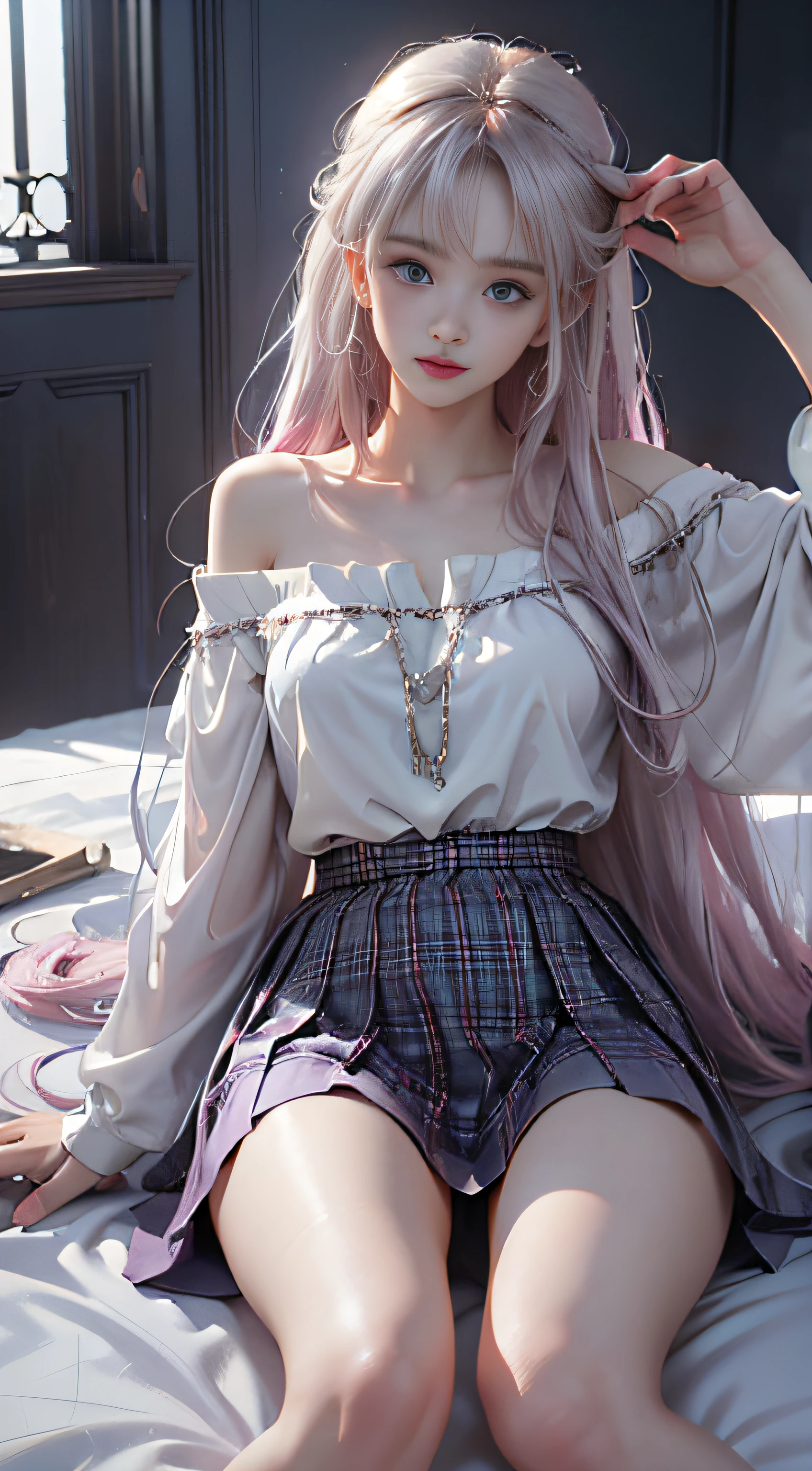 (Woman lying on bed),1 girl, Silver hair, striated hair, Bangs, Blunt bangs, Long hair, Pink hair, aqua eyes, longeyelashes, Purple eyes, makeup, Smile, Parted lips, Realism, Verism, surrealism, depth of fields, One-person viewpoint, F/1.8, 135 mm, canon, nffsw, retinas, masutepiece, ccurate, Anatomically correct, Textured skin, Super Detail, high details, High quality, Best Quality, hight resolution, 1080p, hard disk, 4K, 8K、(Full Body Angle)、(o Off-the-shoulder translucent white blouse), (Loose red tie)、(Dark blue checked mini skirt),((Lift the hem of the skirt)),((lift up skirt))((Lace white panties are visible))(shapely breasts,)、((sexypose))、(camel's toe)、shinny skin。realisitic、Photorealsitic:1.37)、(独奏)、dynamicposes