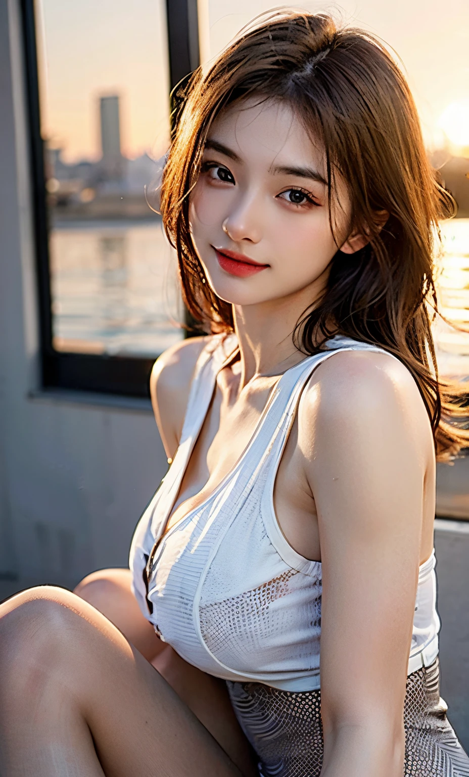 ((highest quality, 8K, masterpiece: 1.3)), sharp: 1.2, perfect body beauty: 1.4, thin abs: 1.2, ((layered hairstyles, big breasts: 1.2)), (bandeau dress white: 1.1 ), cityscape: 1.2, Highly detailed face and skin texture, fine eyes, double eyelid, long brown hair, light dress, hands behind, squat, A little revealing panties, reveal cleavage.