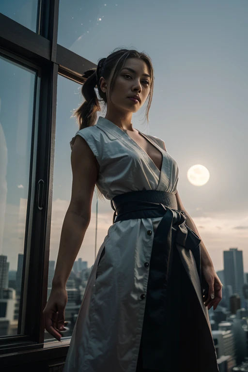 Cinematic,wide angle lens,high angle shot,A girl futuristic samurai,with blue eyes, long hair tied in ponytail, on top of the building in tokyo,natural lighting,moonlight, 35 mm