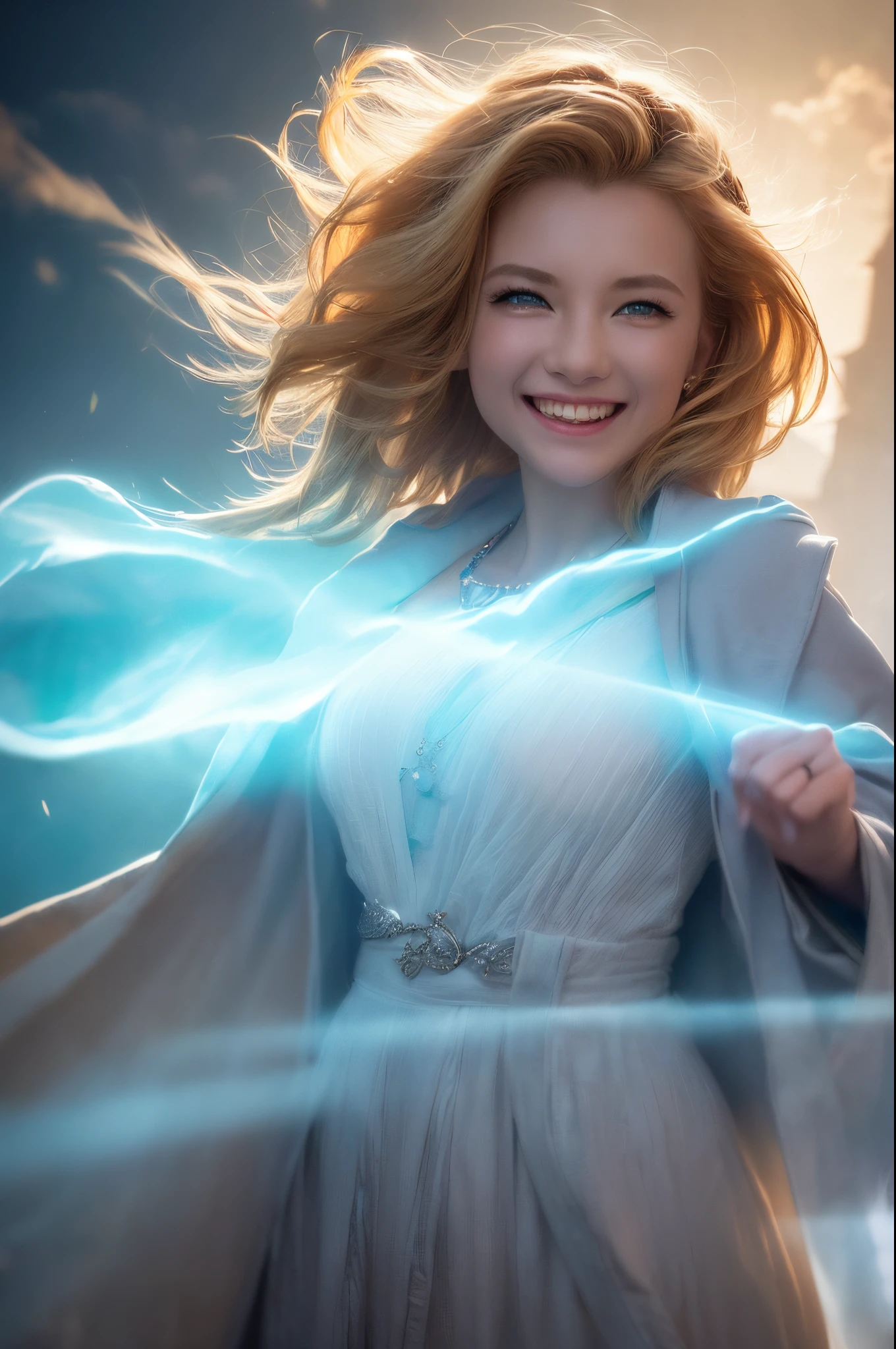 Young goddess, (Her clothes are all flipping up by extremely strong wind:1.4), (wearing robe, tiara, necklace, blonde hair, blue eyes), (background random great nature), (laughing, big smiling), ((dramatic lighting:1.3), surrealism, god rays), ((masterpiece, 8K highest resolution)), wide view