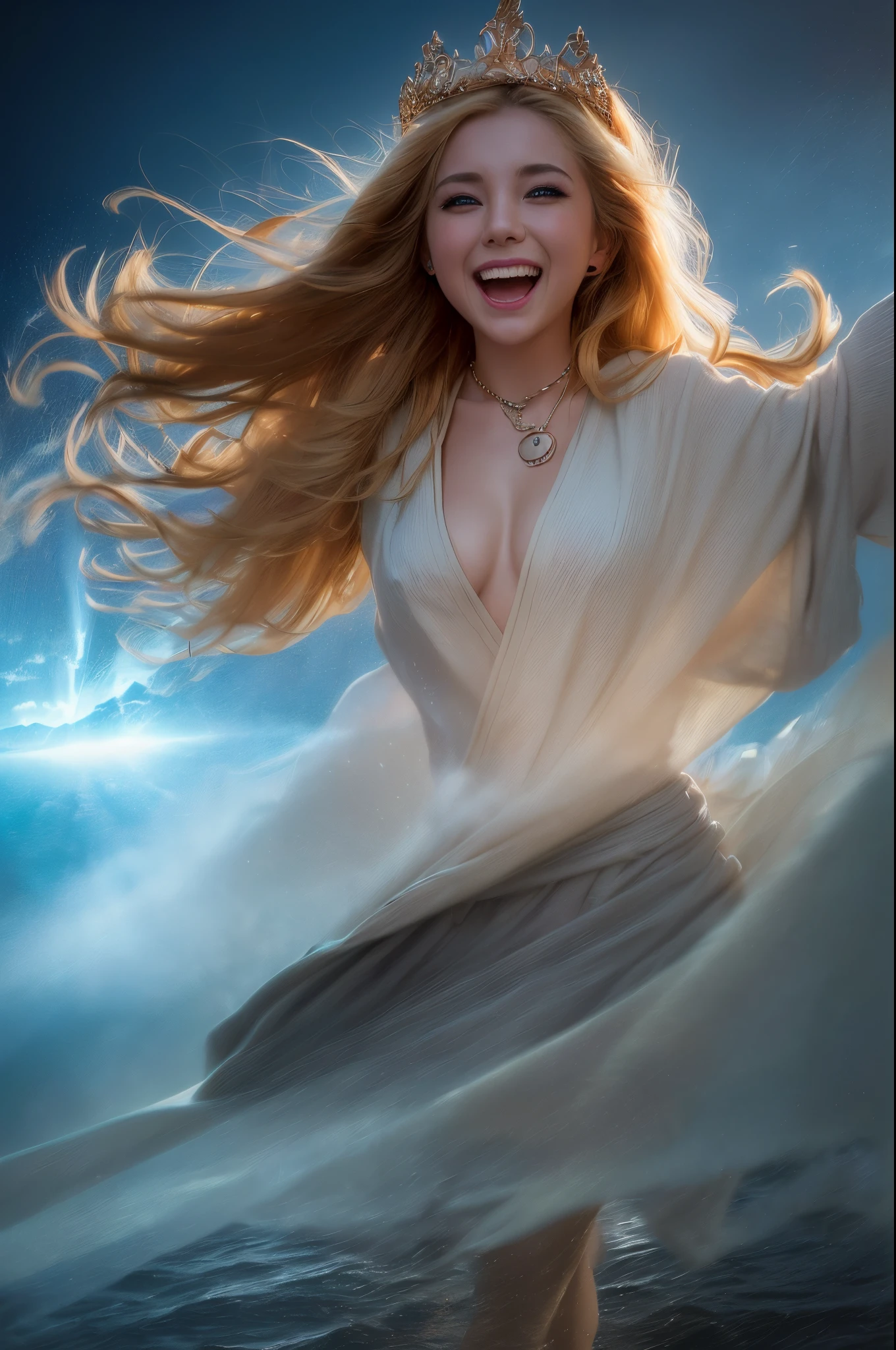 Young goddess, (Her clothes are all flipping up by extremely strong wind:1.4), (wearing robe, tiara, necklace, blonde hair, blue eyes), (background random great nature), (laughing, big smiling), ((dramatic lighting:1.3), surrealism, god rays), ((masterpiece, 8K highest resolution)), wide view