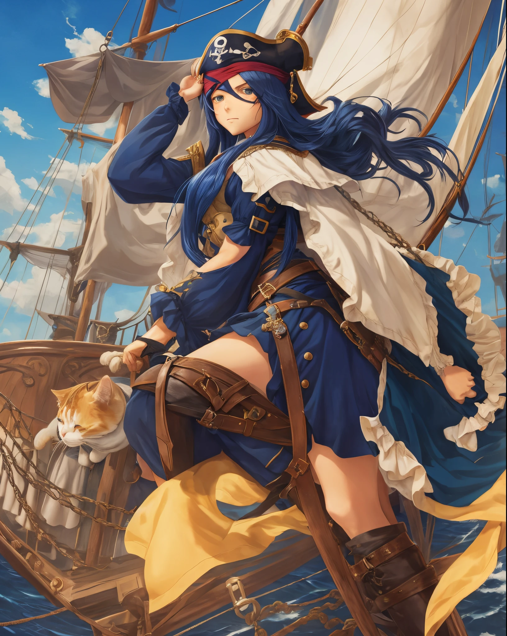 a pirate anime girl with an eye patch and long dark blue hair in pirate attire and with a cat's tail sailing on a pirate ship on the high seas --auto --s2
