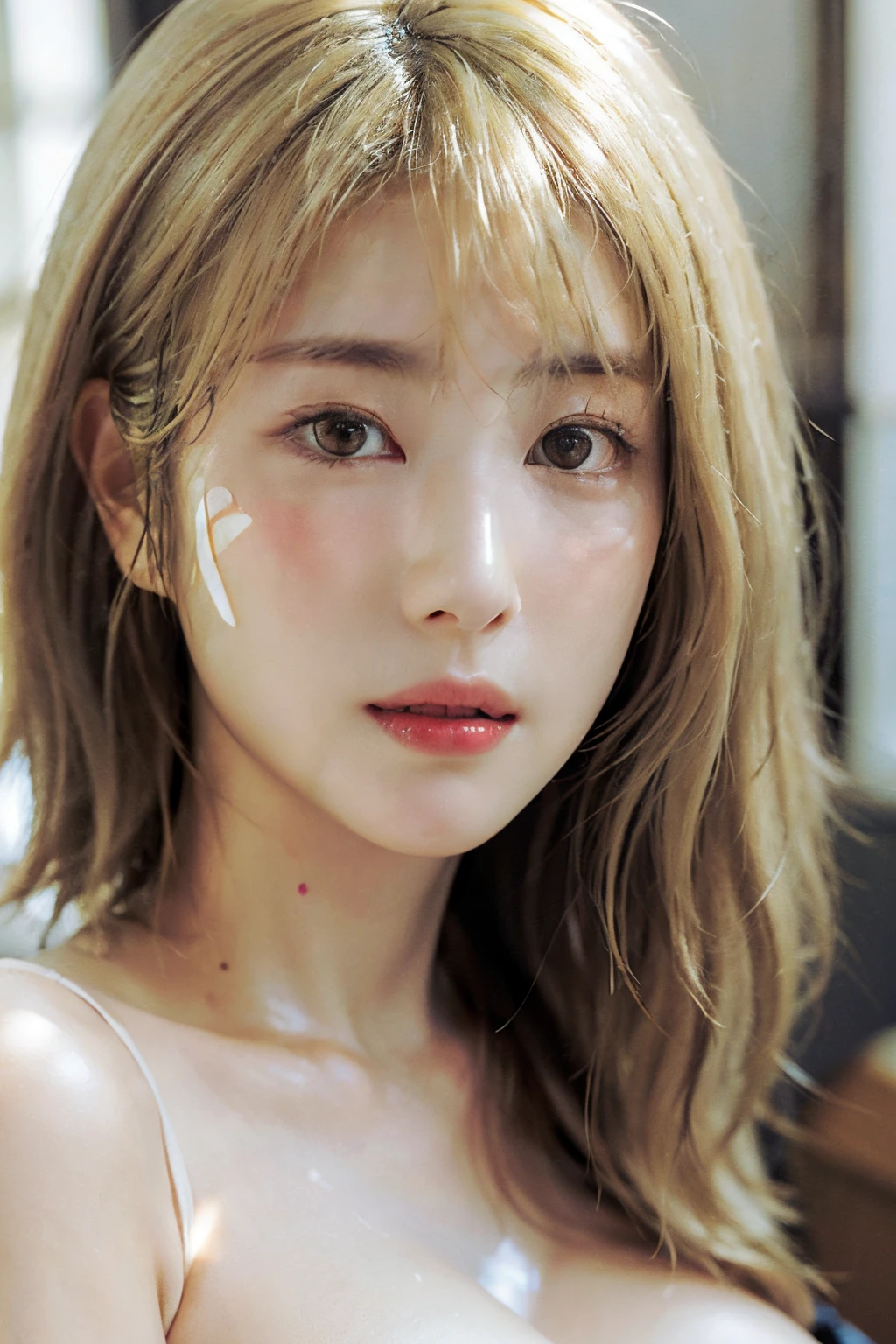 hamabe minami, (RAW photo, best quality), (realistic, photo-realistic:1.4), masterpiece, an extremely delicate and beautiful, extremely detailed, 2k wallpaper, Amazing, finely detail, extremely detailed CG unity 8k wallpaper, ultra-detailed, highres, soft light, beautiful detailed girl, (extremely detailed eyes and face, extremely detailed skin), beautiful detailed nose, slim lips, beautiful detailed eyes, dramatic lighting, perfect anatomy, slender body, short hair, (long face, vline face, beautiful face, big eyes, doe-eyed, diamond face, wide cheek, wide face:1.2, perfect face, sharpen jawline, chiseled jawline, blush, big boobs, very huge breasts, cleavage, colossal breasts ,brighten face, light on face, glowing skin, blonde hair:2)