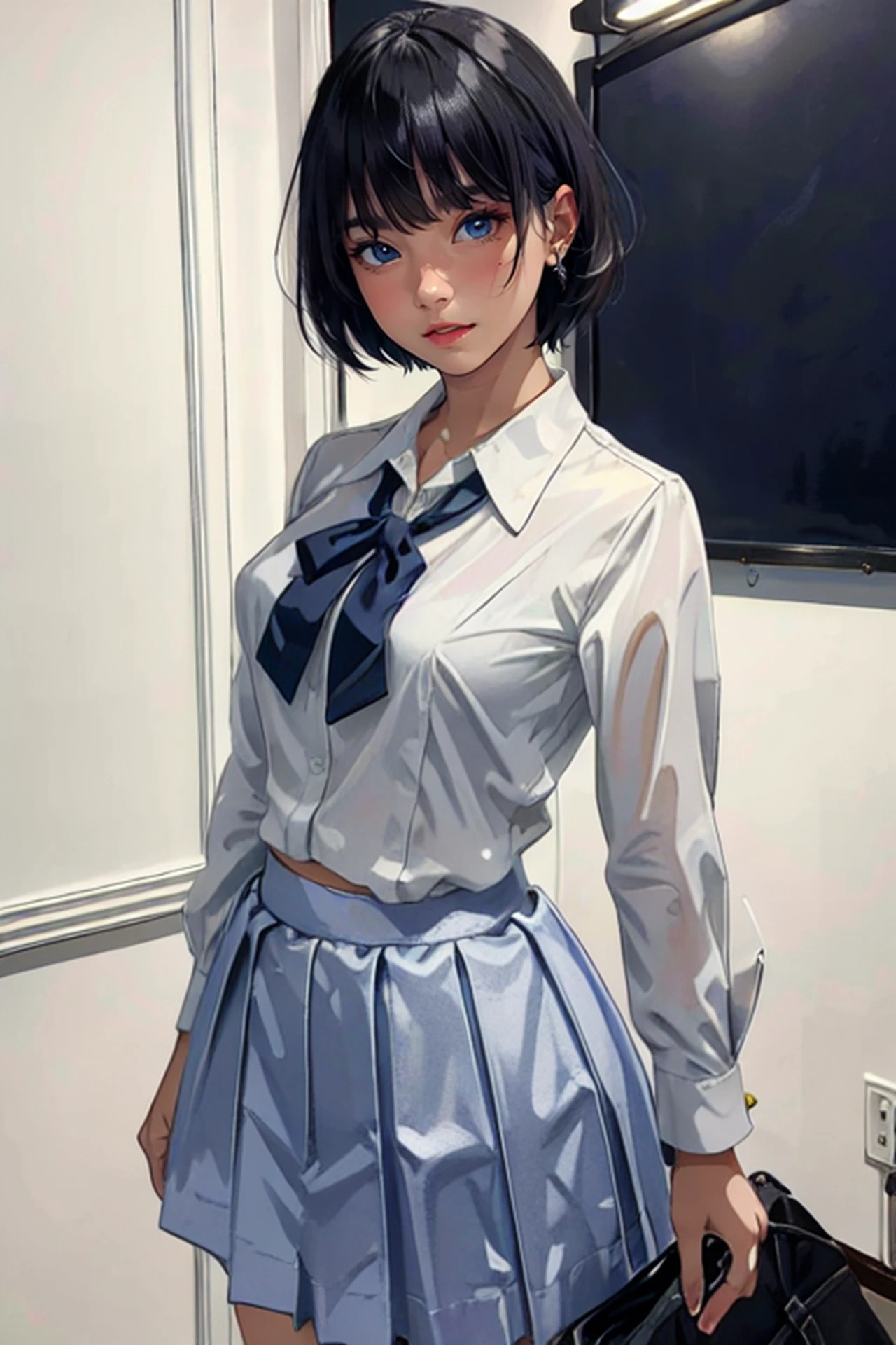 (Masterpiece, super detailed, highly detailed),best quality, official art, Highly detailed CG Illustration,(delicate and beautiful),1young woman,bangs,short hair,bob cut hair,(cinematic lighting),white skin, shining skin,(school uniform,white shirt,mini skirt),cyan skirt,black pantyhose, classroom:1.4,( abs:1.2)