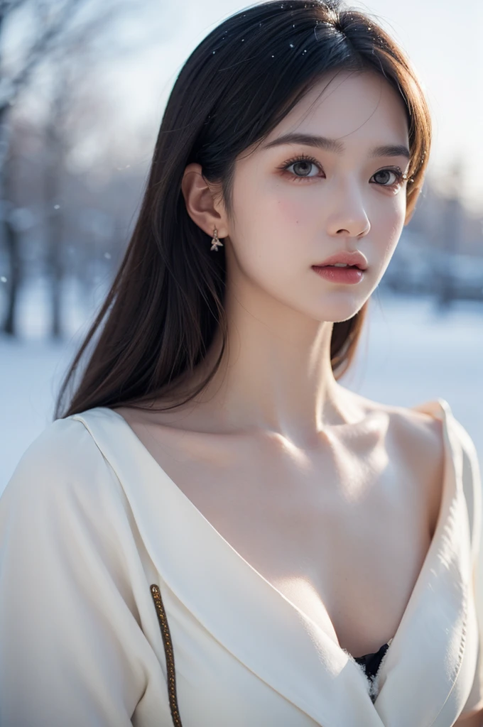 Beautiful caucasian girl, Realistic, Photorealistic, Highly detailed, half body shot, Smooth, sharp-focus, 8K High definition, insanely detailed, Intricate, elegant, art by artgerm, Snowy winter