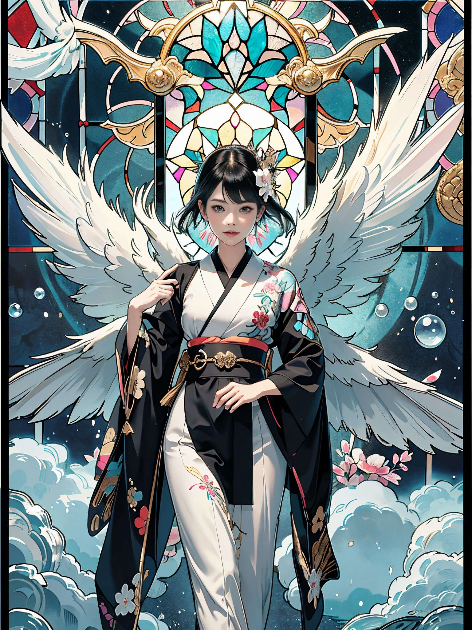 Background of details(Intricate stained glass),BREAK ,elaborate costume(Luxurious Japan kimono(Colorful kimono(detailed embroidery)(Black fallen angel-like wings grow))),BREAK,(1 Beautiful and classy adult woman(Shy smile:1.2)(Japanese actressl:1.2)(A dark-haired:1.2(short-hair:1.2))),(eye glass:1.2),(Standing in front of the stained glass and looking at me),BREAK,Wallpaper 16K,Blur the background,)(masutepiece,Best Quality,Portrait photos):1.5),full body Esbian