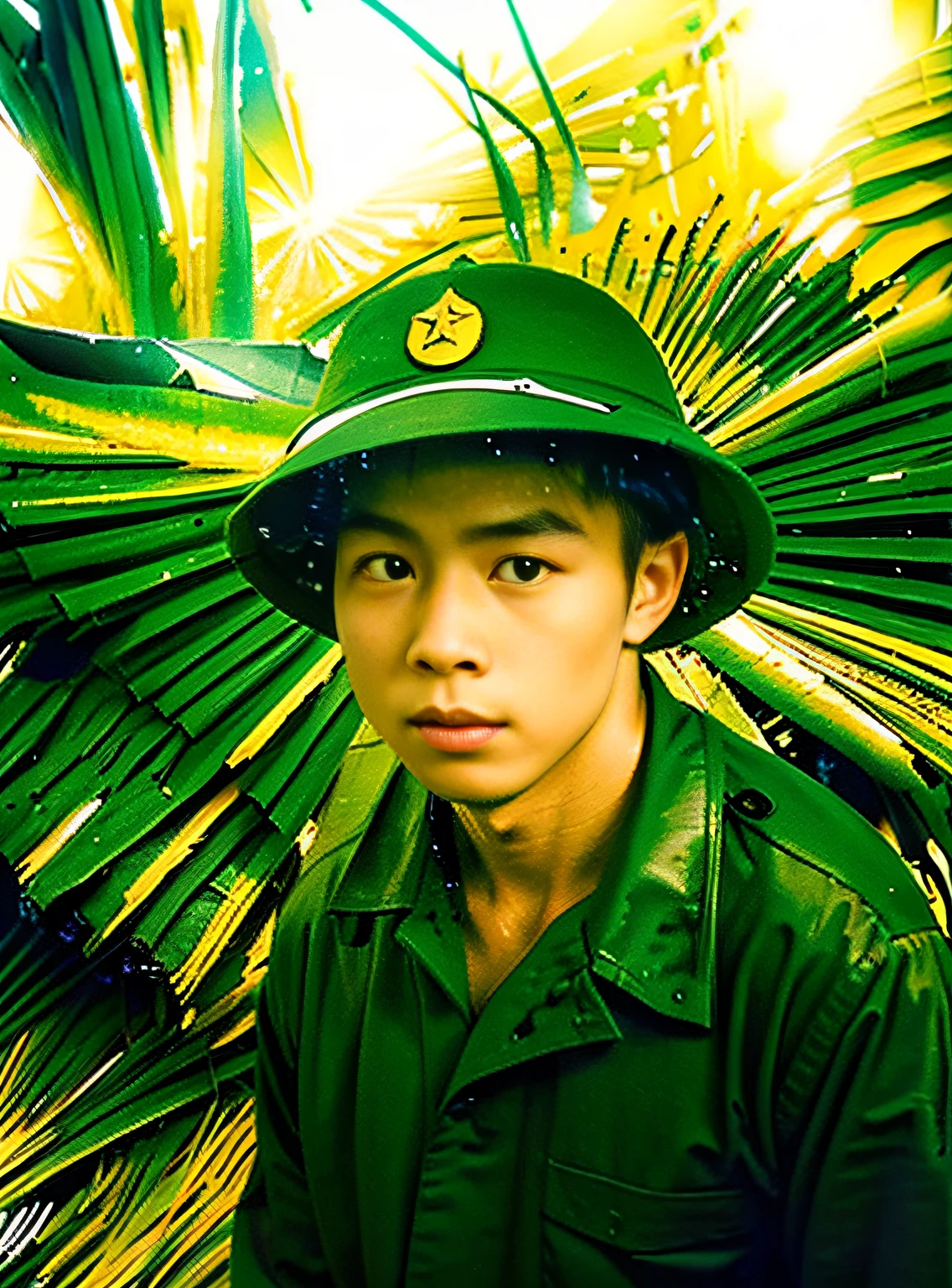 ((masterpiece), (best quality), (raw photo), (photorealistic:1.4), Highly realistic photo, Portrait photo of a 20-year-old Vietnamese young man), Uncle Ho's army uniform, fabric shirts, wearing mucoi Vietnamese, standing in front of a palm tree,The light from above shines down, photo taken in 1975 by Fujifilm XT3