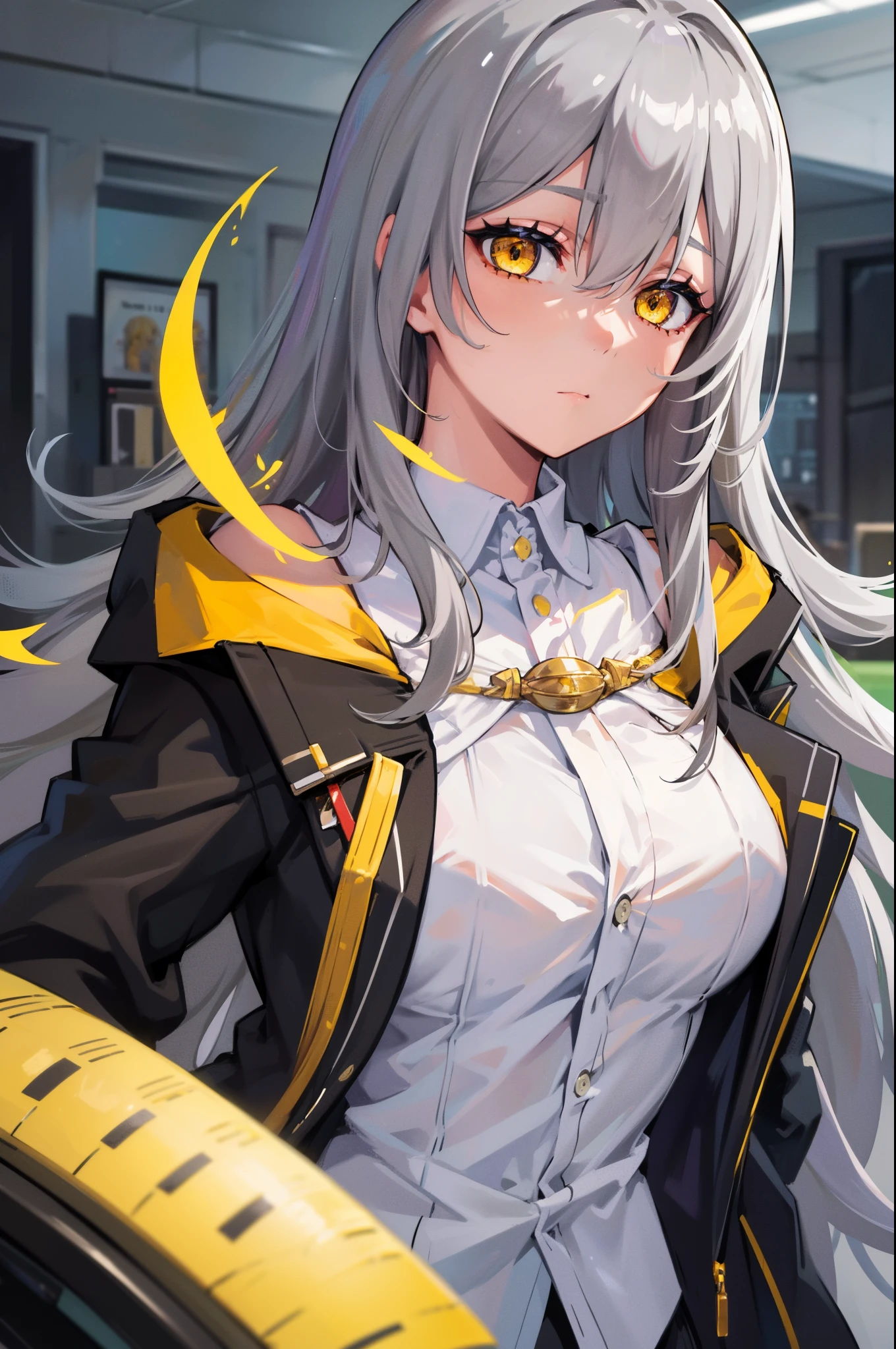 Best quality, 1girl, large breasts, indoors, yellow eyes, jewel-like eyes, extremely detailed eyes, extremely detailed, grey hair, from front, looking at viewer, black jacket, white shirt, close up, upper body,