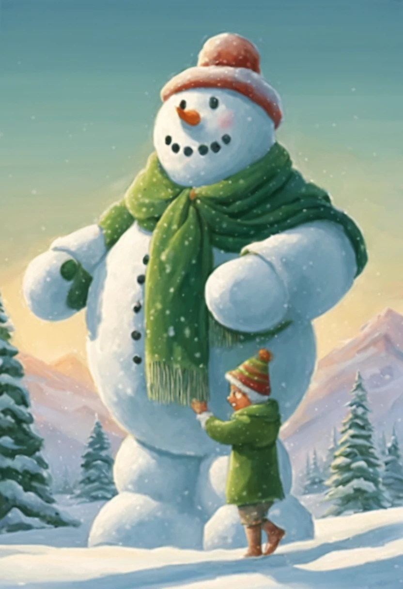 big man made of snow,body made of snow,round head,Snowman face,thick arms,thick legs,Gentle,barechested,Bare legged,Green hat,Green muffler,snowy background,​masterpiece,Fantasia,Walking in the snow,Fancy,(A landscape that looks like a picture book)