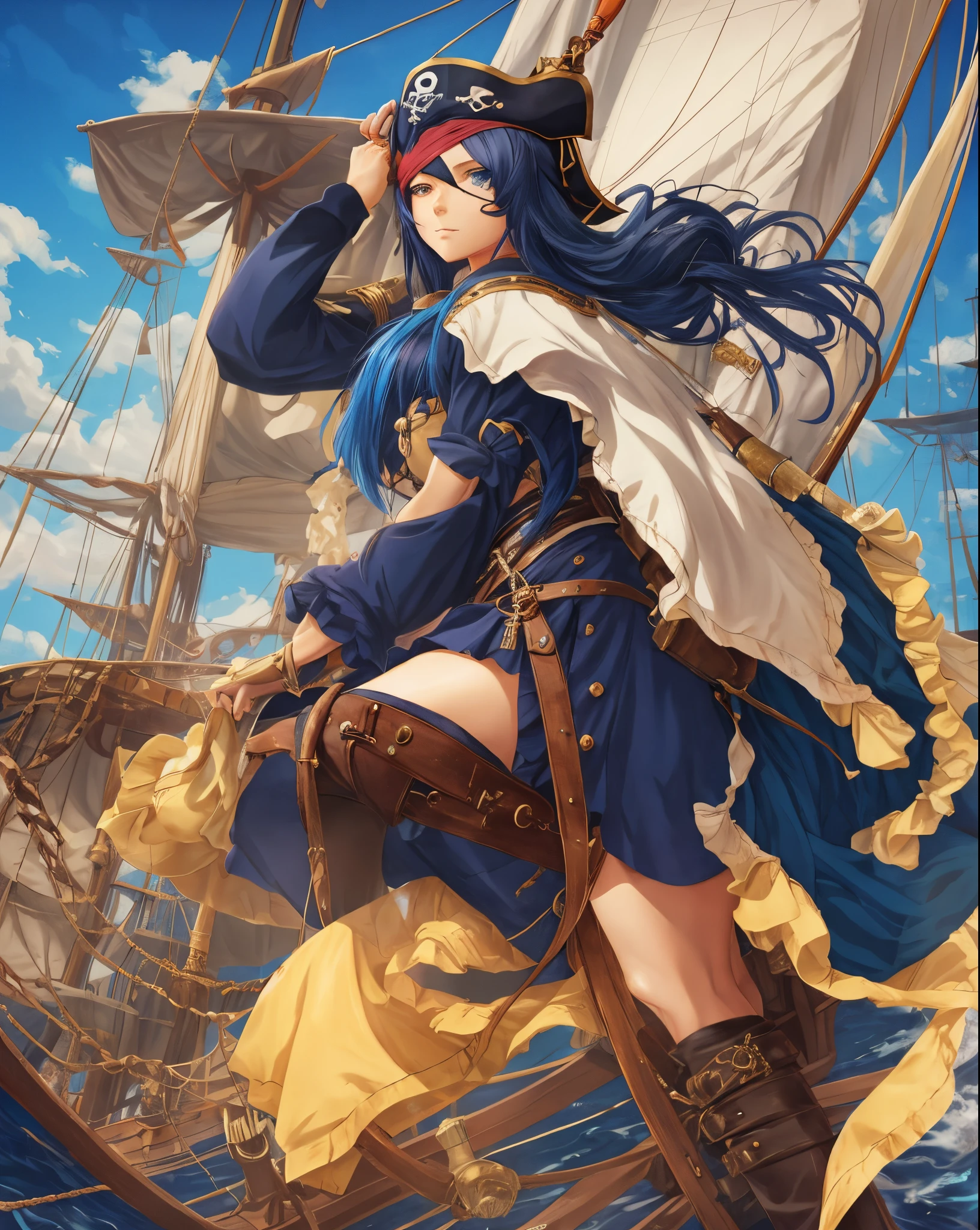 a pirate anime girl with an eye patch and long dark blue hair in pirate attire and with a cat's tail sailing on a pirate ship on the high seas --auto --s2