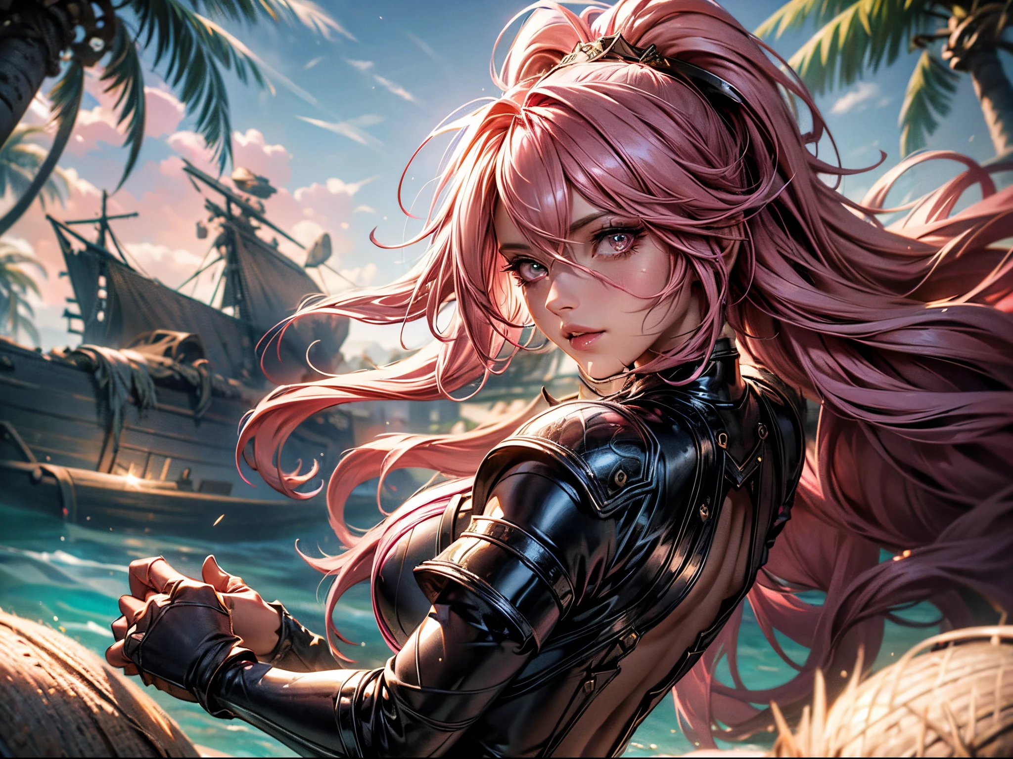 a pinkhaired scandinavian girl with half plate armor and frilly skirt over a skintight bodysuit, (Long pink Hair:1.4), pink Eyes, HDR (High Dynamic Range), Ray Tracing, NVIDIA RTX, Super-Resolution, Subsurface Scattering, Anisotropic Filtering, Depth-Of-Field ,Maximum Clarity And Sharpness, Surface Shading, Two-Tone Lighting, (1girl:1.3), looking at viewer,Wide Nose, Full Lips, Receding Chin, Long Hair, Straight Hair, Wavy Updo, soft breasts,matte lipstick,(masterpiece, best quality, detailed shiny skin:1.2), flawless, 8k, RAW, highres,absurdres,2D Beautiful Girl，detail-rich，Dark matted clothing，With black leather hoop, (background of a shipwreck of a coast with coconut trees and white sand)