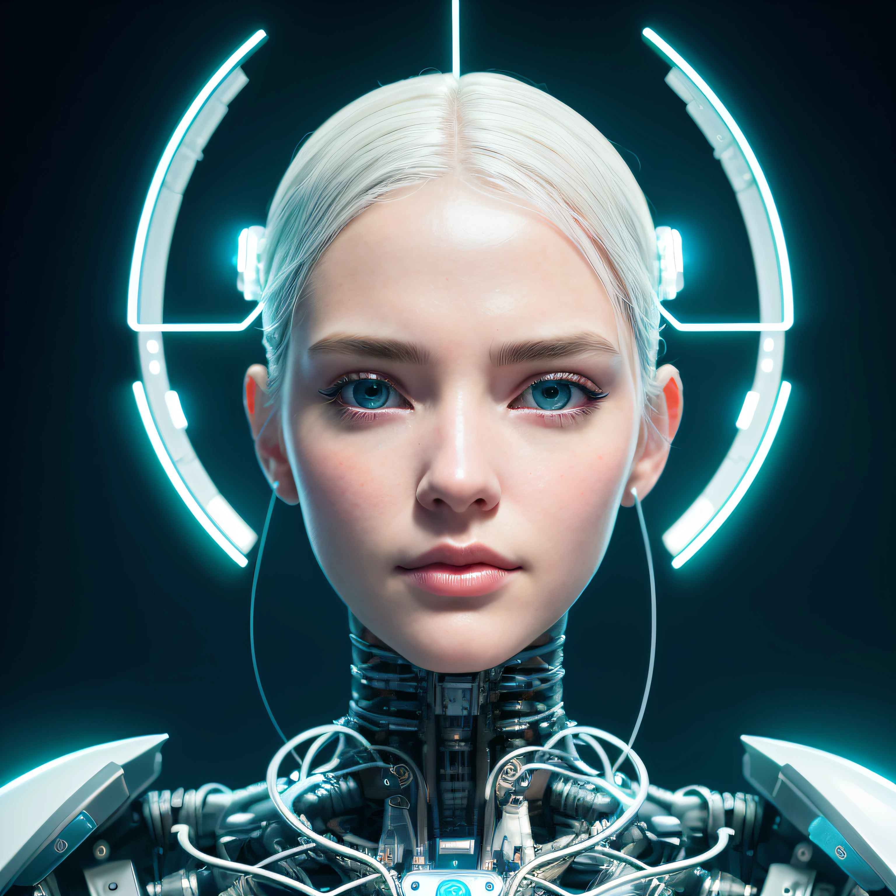 ultra detailed complex 3d rendering of a gorgeous porcelain profile android face, eyes with green reflection type headlights, metallic cyborg, robotic parts, 150 mm, beautiful soft studio light, rim light, vibrant details, luxurious cyberpunk, lace, hyper-realistic, anatomical, facial muscles, electrical cables, microchip, elegant, beautiful background, octane rendering, HR Giger style, 8k,  best quality, masterpiece, illustration, extremely delicate and beautiful, extremely detailed, CG, unit, wallpaper, (realistic, photorealistic: 1.37), amazing, finely detailed, masterpiece, best quality, official art, 8k unit wallpaper CG extremely detailed, absurd, incredibly absurd, robot, silver helmet, full body, sitting